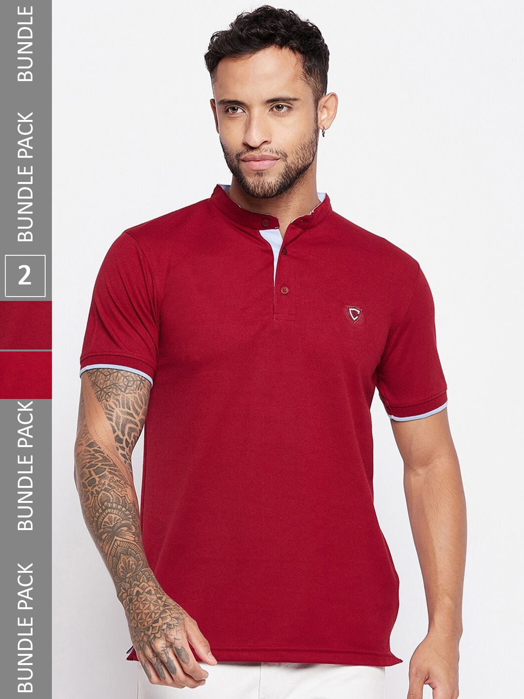 

Camey Pack Of 2 Mandarin Collar Cotton Relaxed Fit T-shirt, Maroon