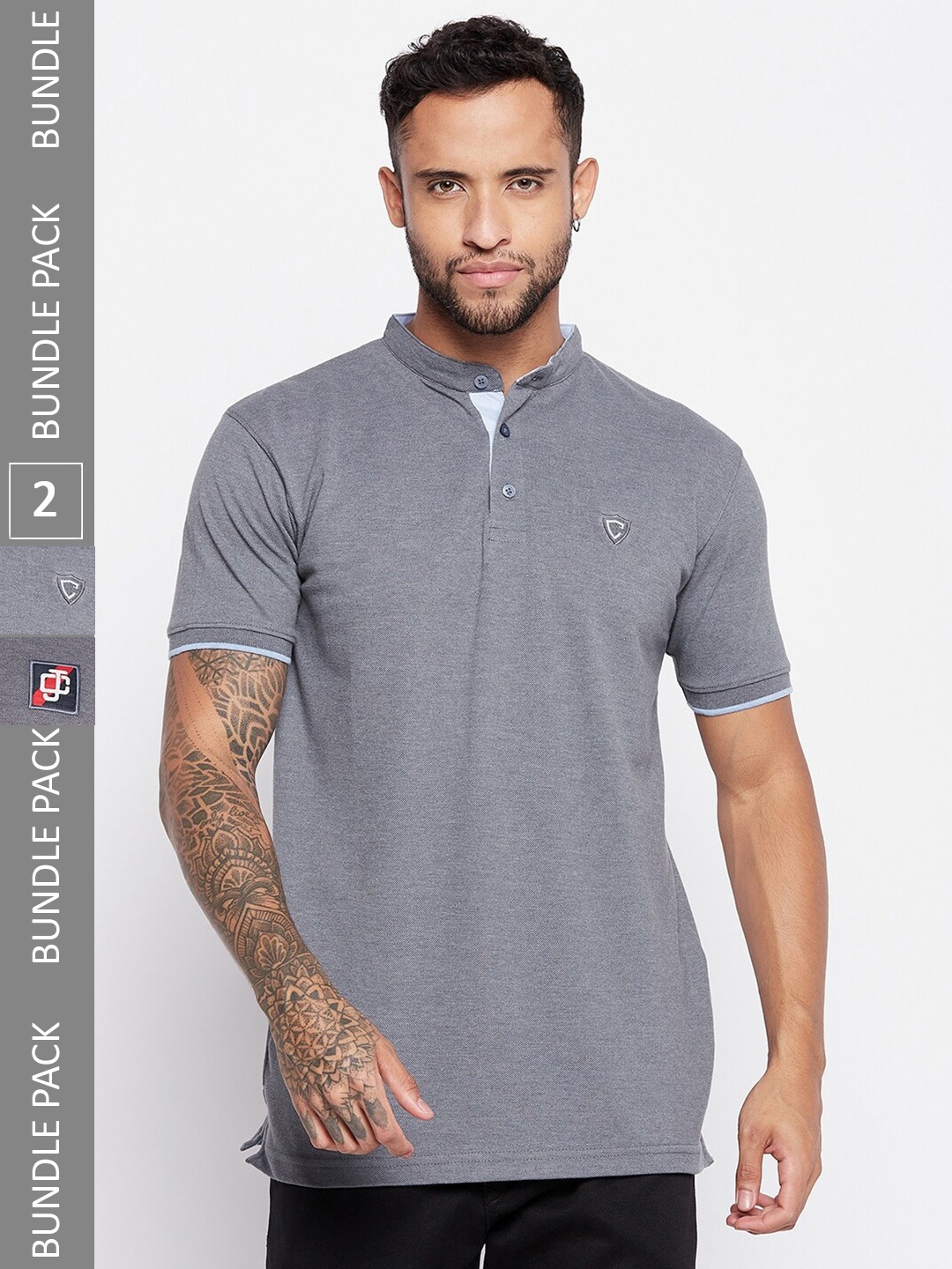 

Camey Pack Of 2 Mandarin Collar Cotton Relaxed Fit T-shirt, Grey