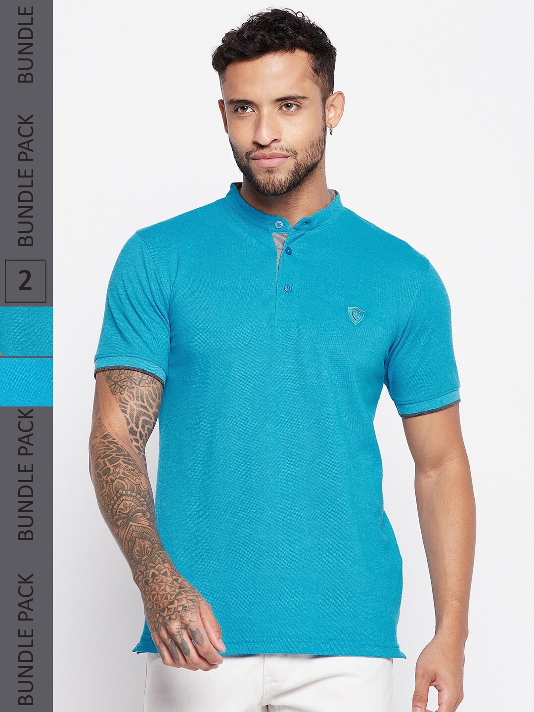 

Camey Pack Of 2 Mandarin Collar Cotton Relaxed Fit T-shirt, Turquoise blue