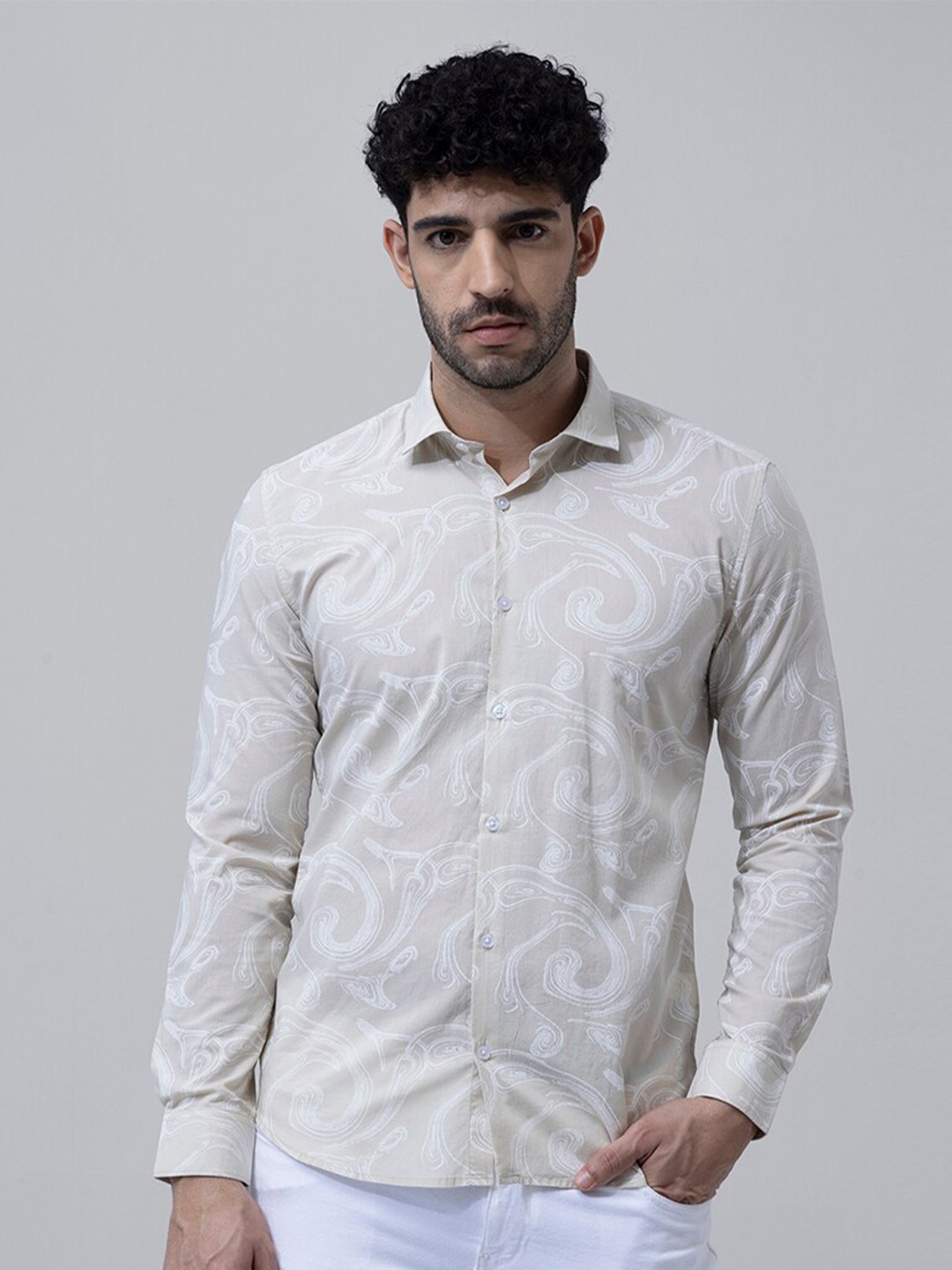 

Snitch Beige Abstract Printed Cotton Slim Fit Casual Shirt