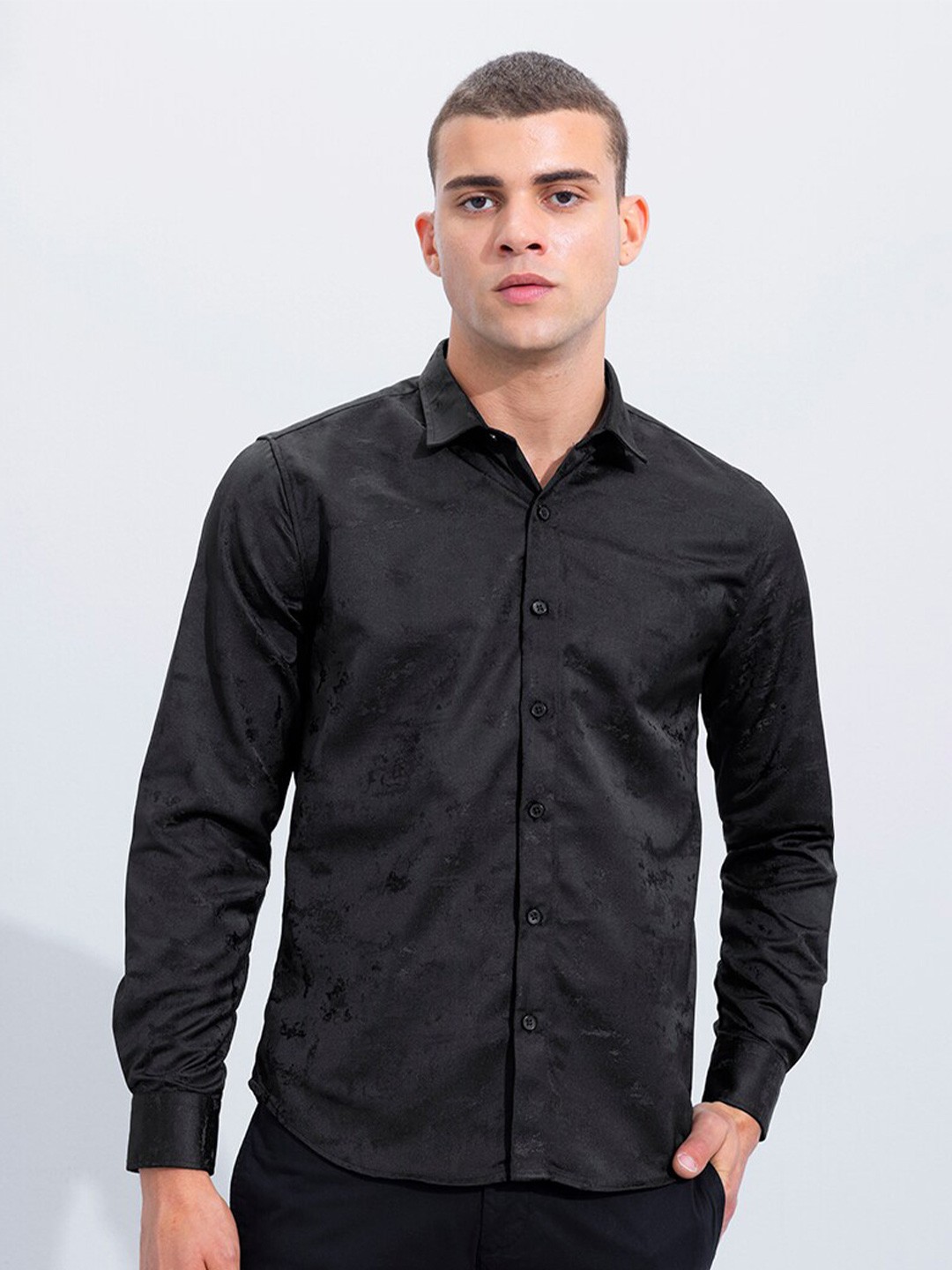 

Snitch Black Self Design Spread Collar Slim Fit Casual Shirt
