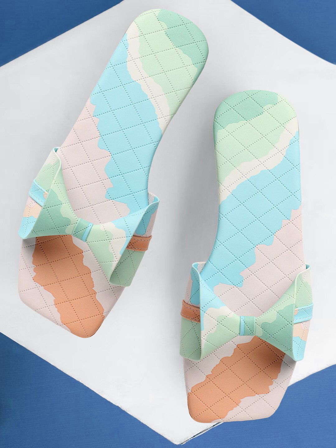 

FASHIMO Printed Bow Detail Open Toe Flats, Blue