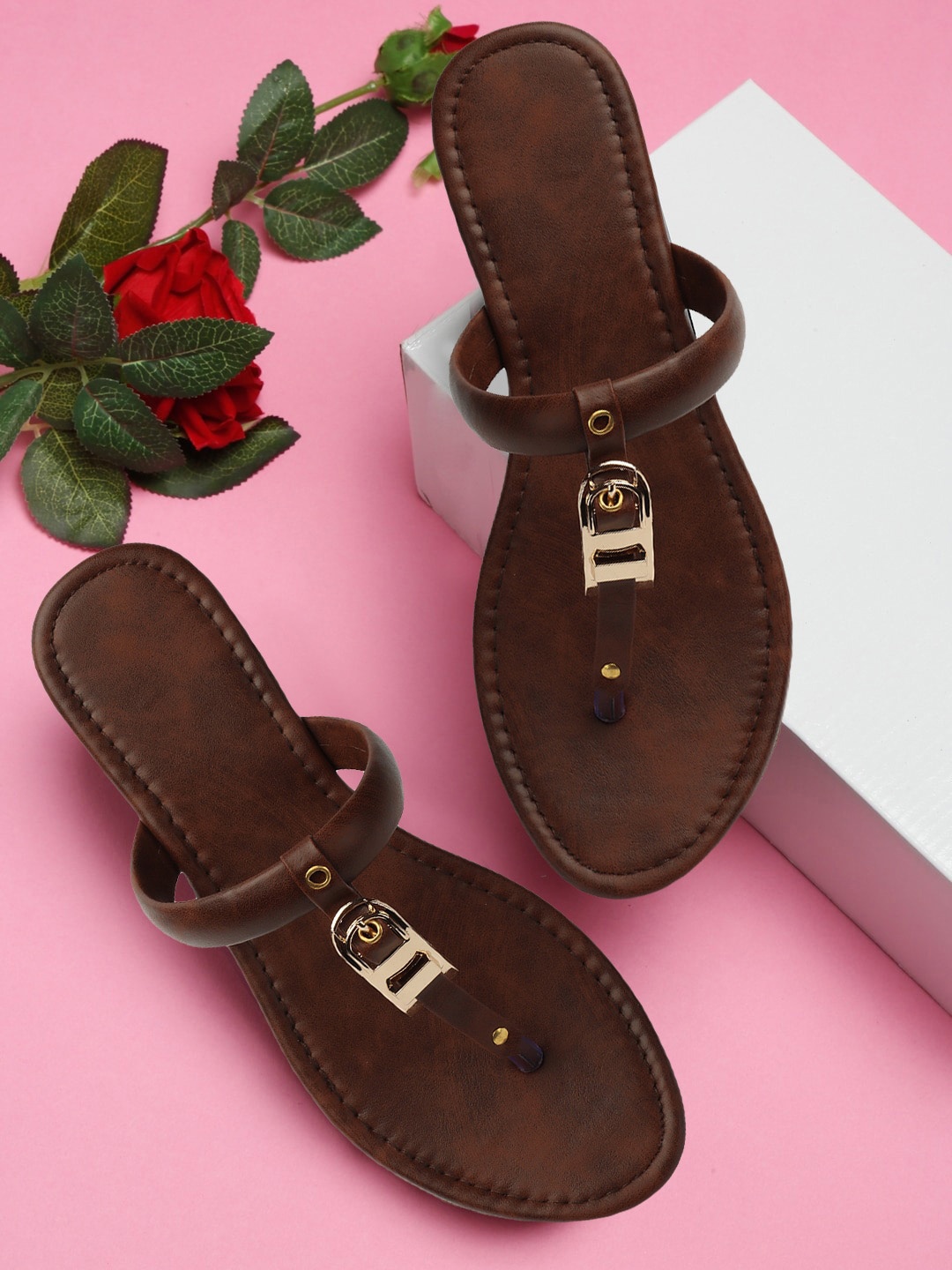 

FASHIMO Buckled T-Strap Flats, Brown