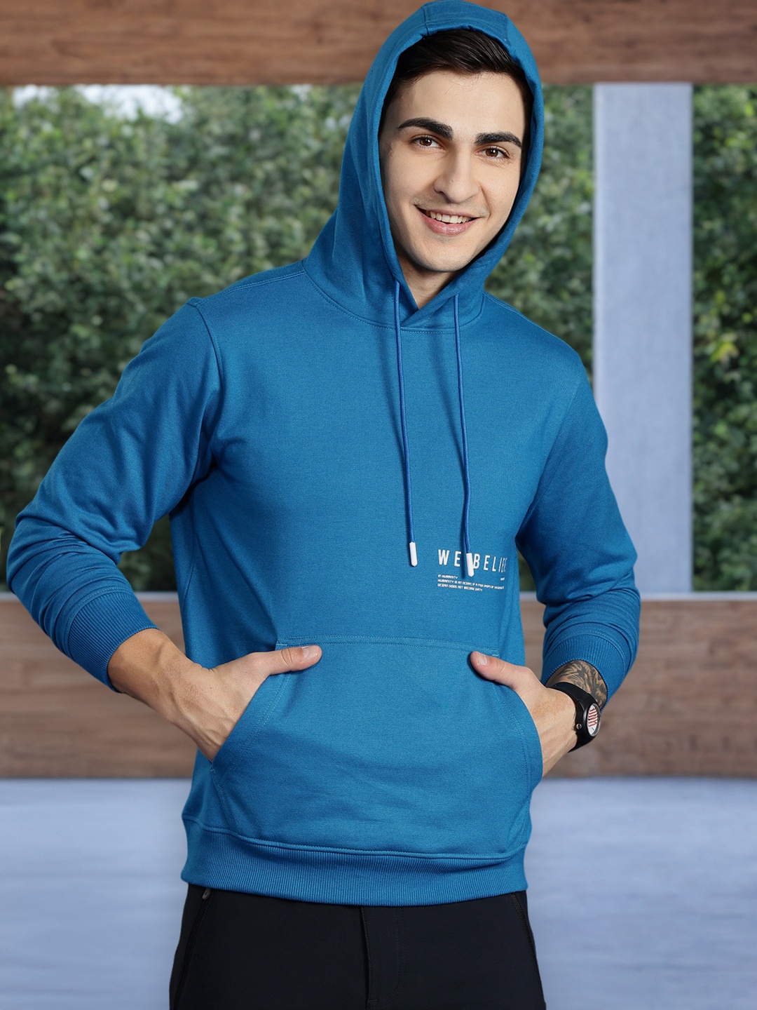 

Mast & Harbour Solid Minimal Print Detail Hooded Sweatshirt, Navy blue