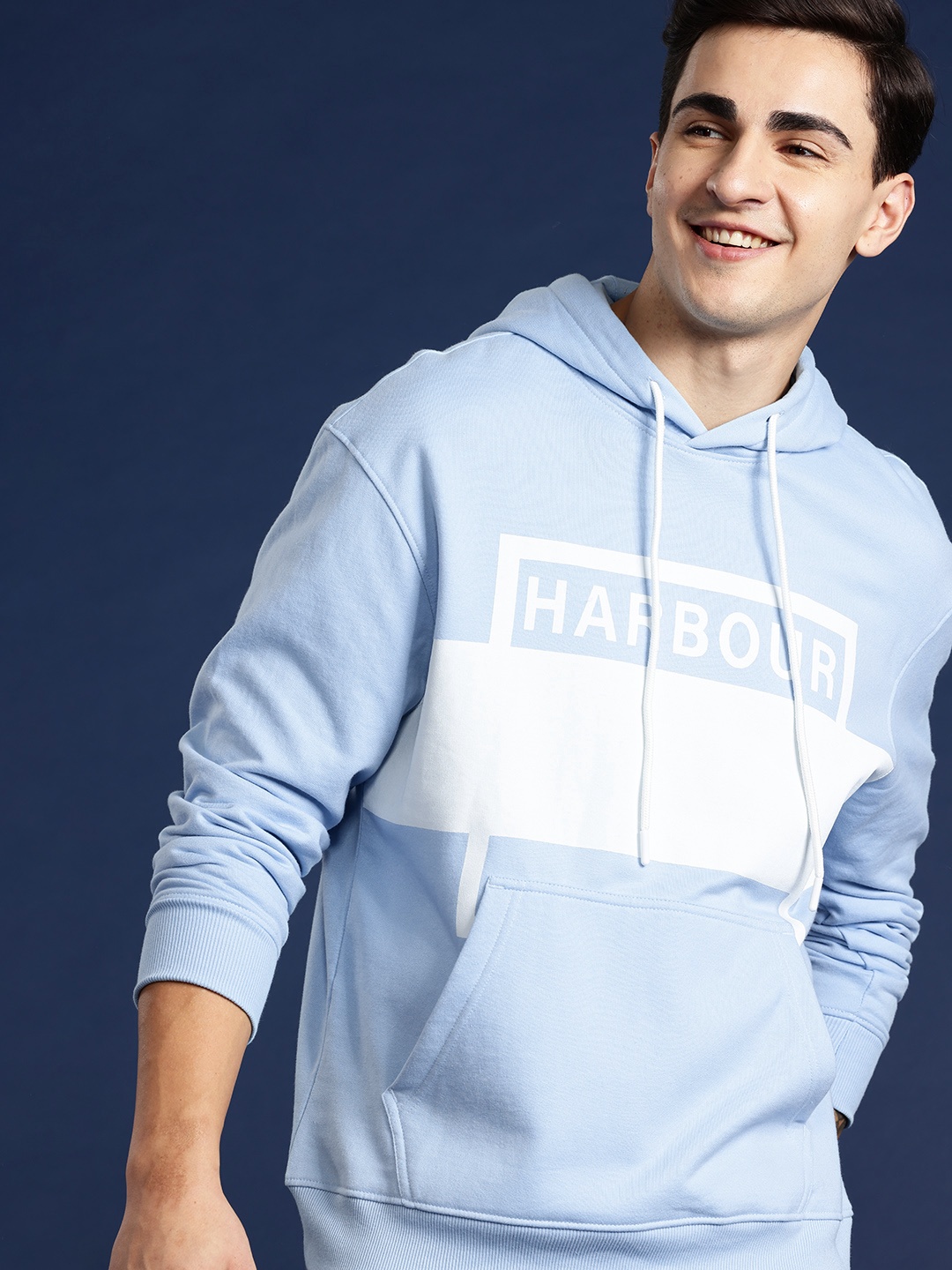 

Mast & Harbour Colourblocked Brand Logo Printed Drop-Shoulder Sleeves Hooded Sweatshirt, Blue