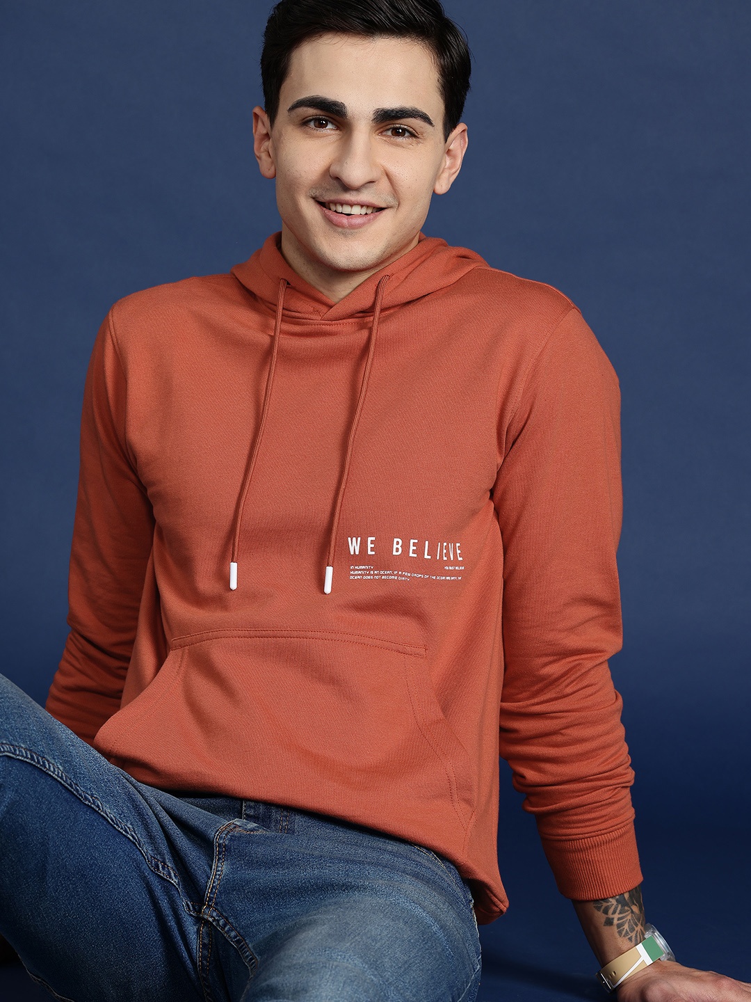 

Mast & Harbour Solid Minimal Print Detail Hooded Sweatshirt, Rust