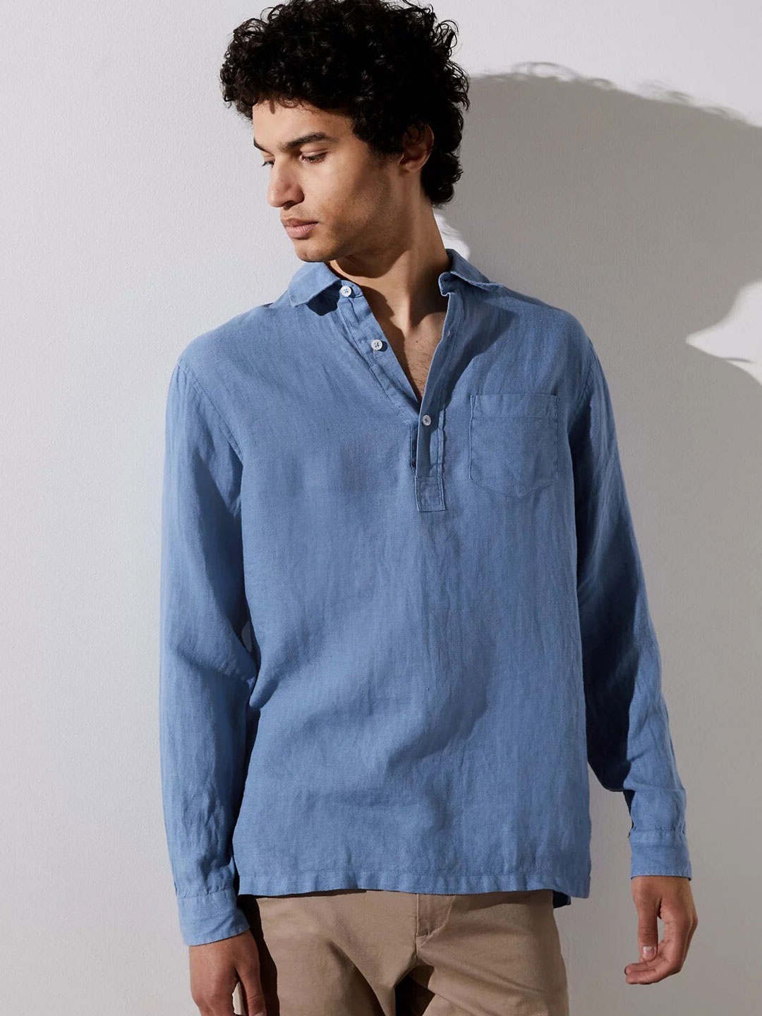 

Marks & Spencer Spread Collar Pure Linen Casual Shirt, Blue