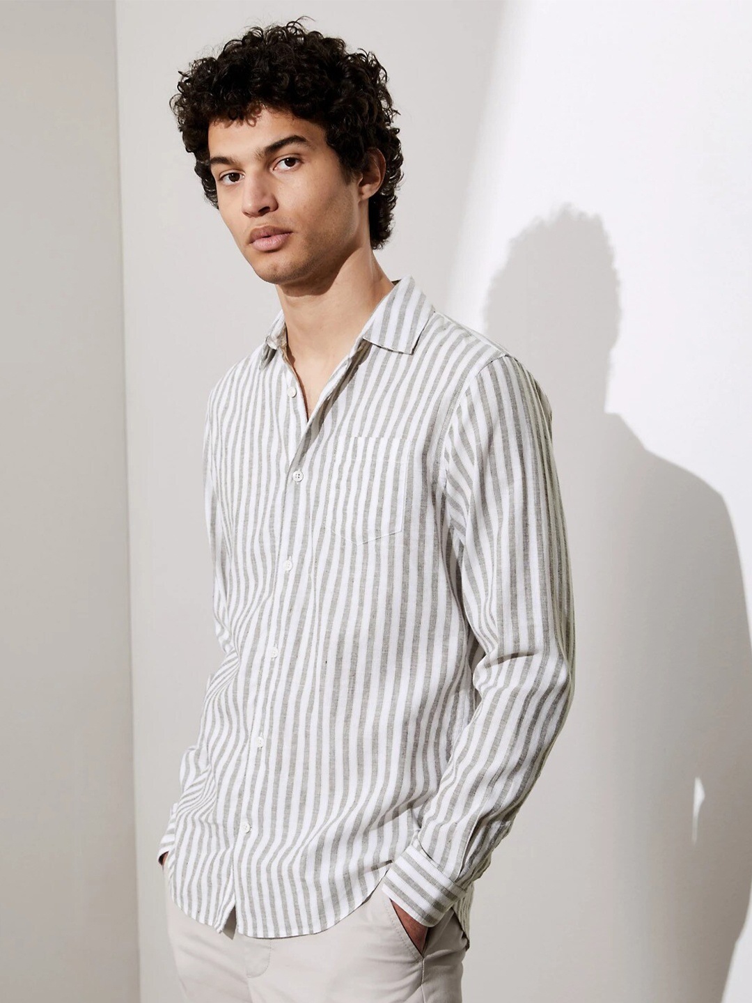 

Marks & Spencer Vertical Striped Cotton Linen Casual Shirt, White