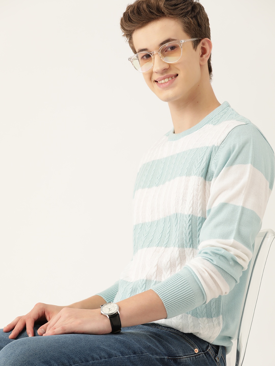 

Mast & Harbour Men Cable Knit Striped Acrylic Pullover, Blue
