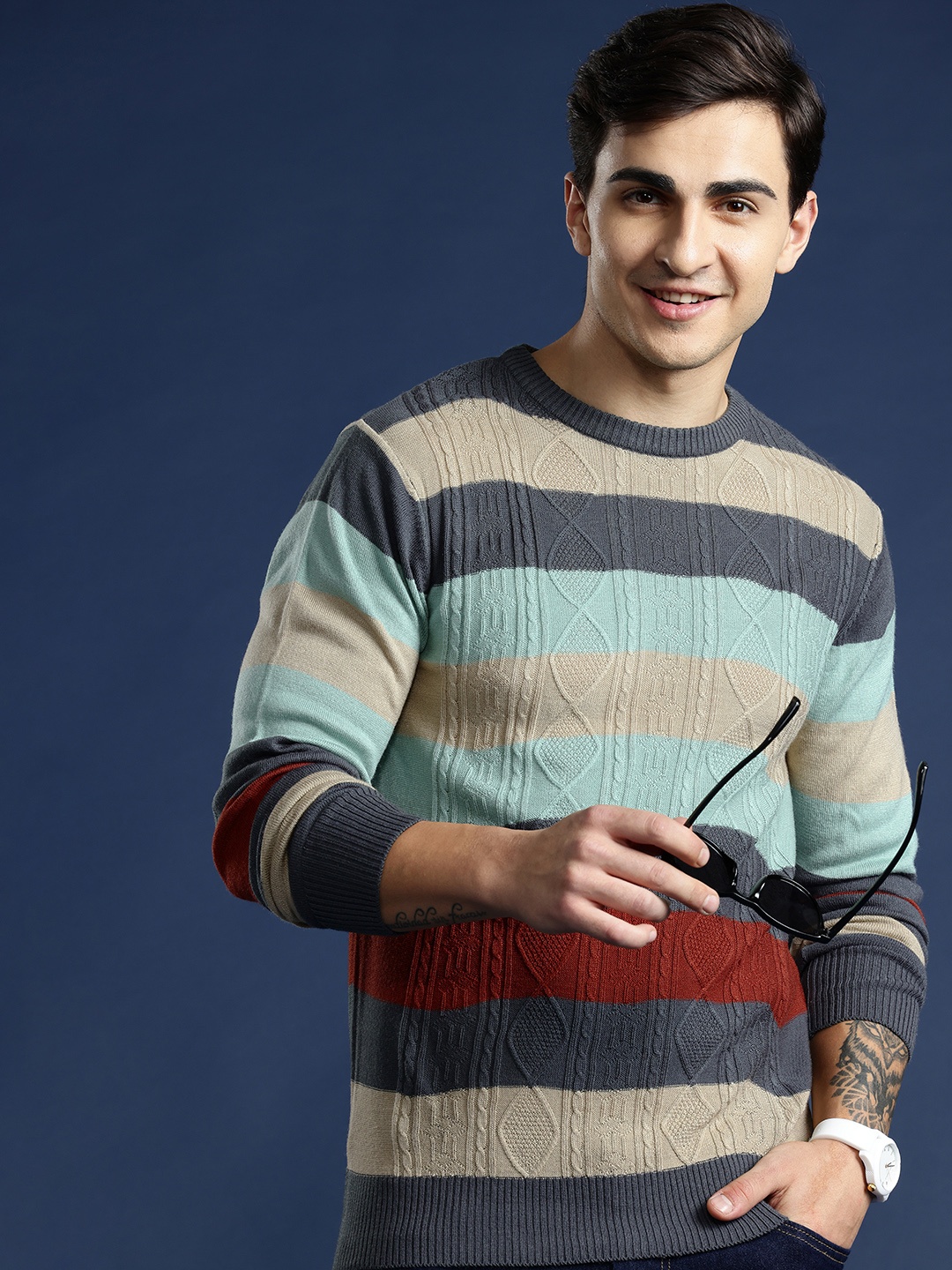 

Mast & Harbour Striped Cable Knit Pullover, Charcoal