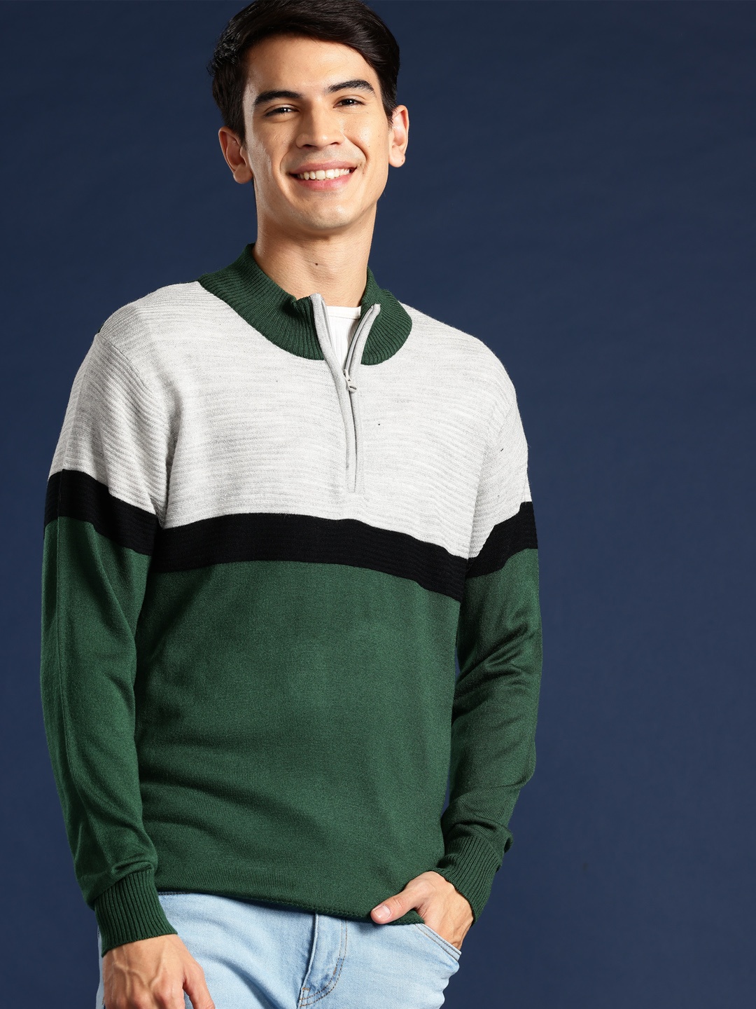 

Mast & Harbour Mock Collar Colourblocked Acrylic Pullover, Green