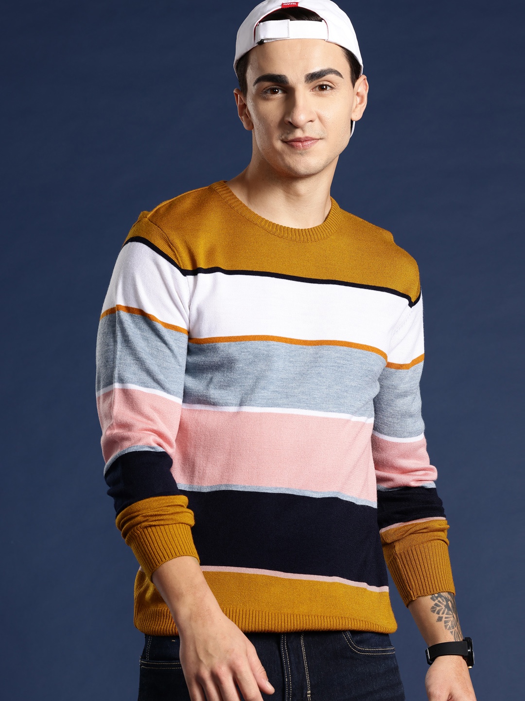 

Mast & Harbour Men Striped Pullover, Mustard