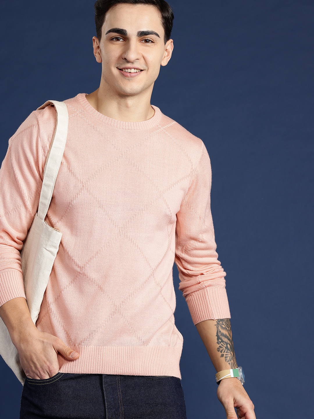 

Mast & Harbour Men Self Design Pullover, Peach