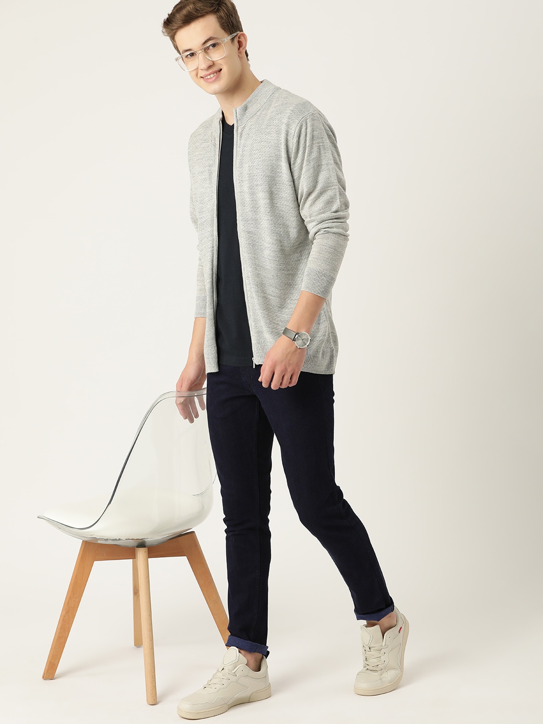 

Mast & Harbour Fine Knit Front-Open Sweater, Grey melange