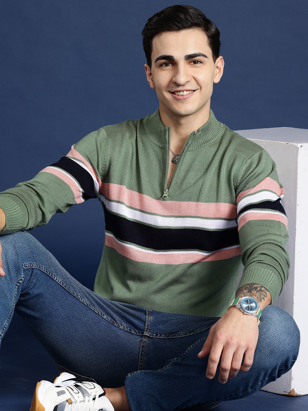 

Mast & Harbour Mock Collar Striped Pullover, Olive