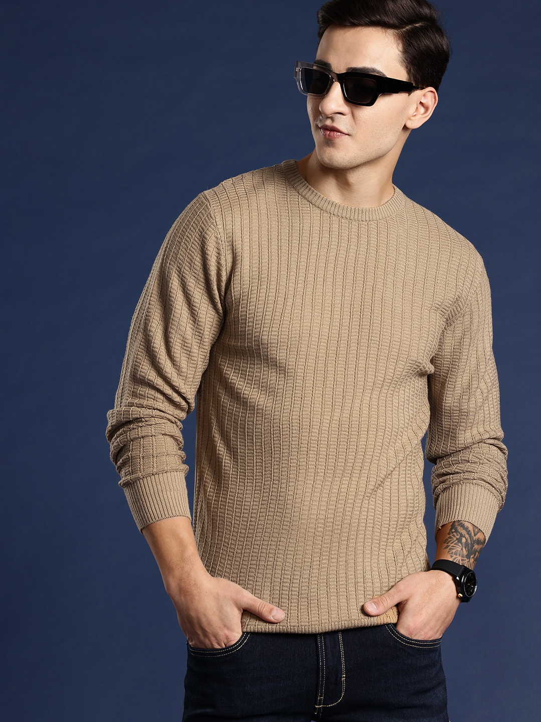 

Mast & Harbour Men Self Design Pullover, Beige