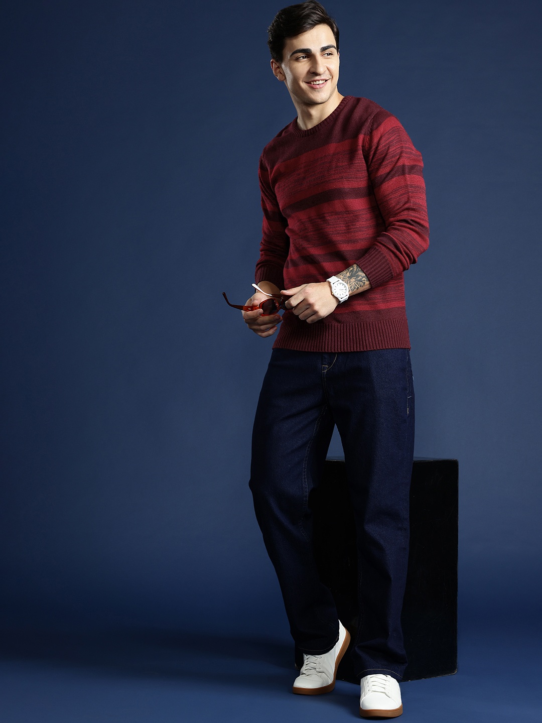 

Mast & Harbour Striped Acrylic Pullover, Maroon