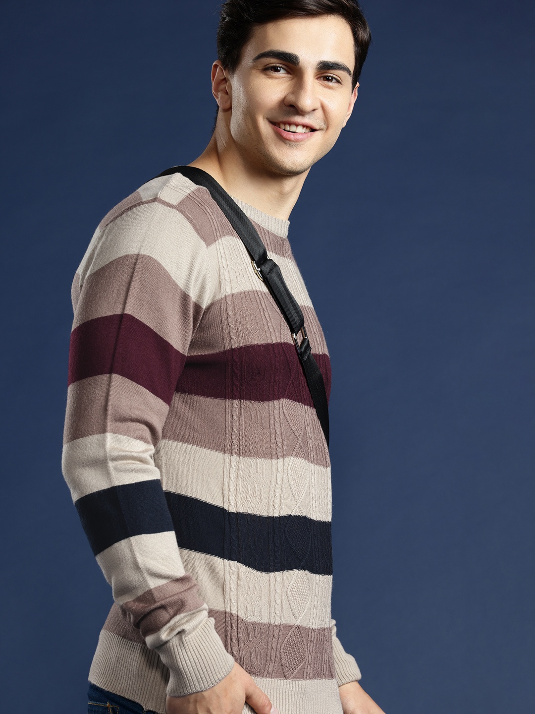 

Mast & Harbour Striped Cable Knit Pullover, Brown