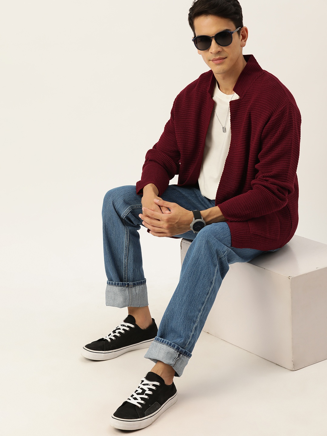 

Mast & Harbour Men Self Design Front-Open Sweater, Maroon
