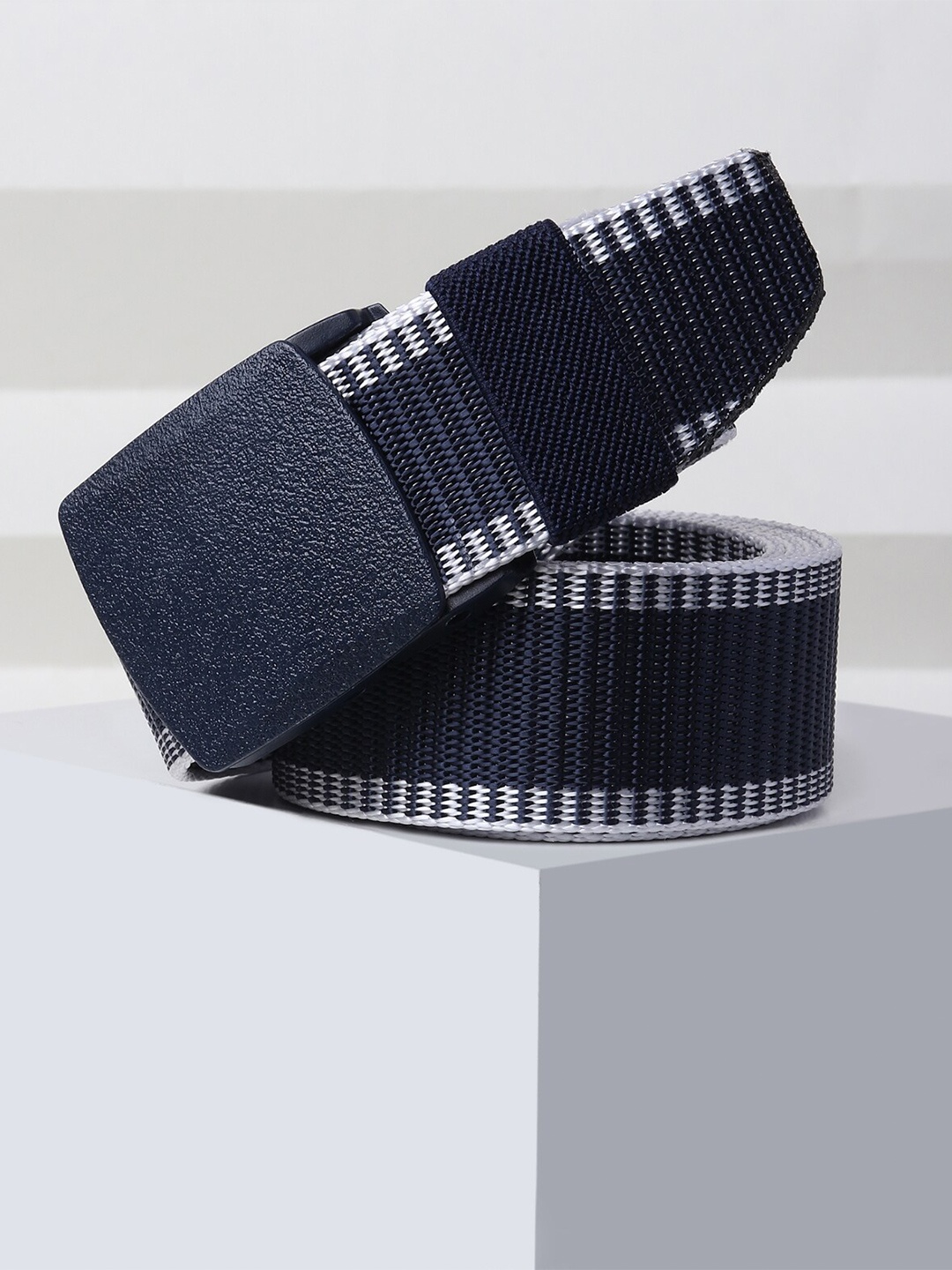 

Mast & Harbour Men Navy Blue & White Woven Design Slim Belt