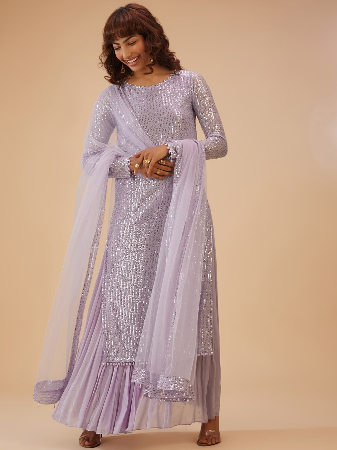 

KALKI Fashion Embroidered Regular Sequinned Top with Skirt & With Dupatta, Purple