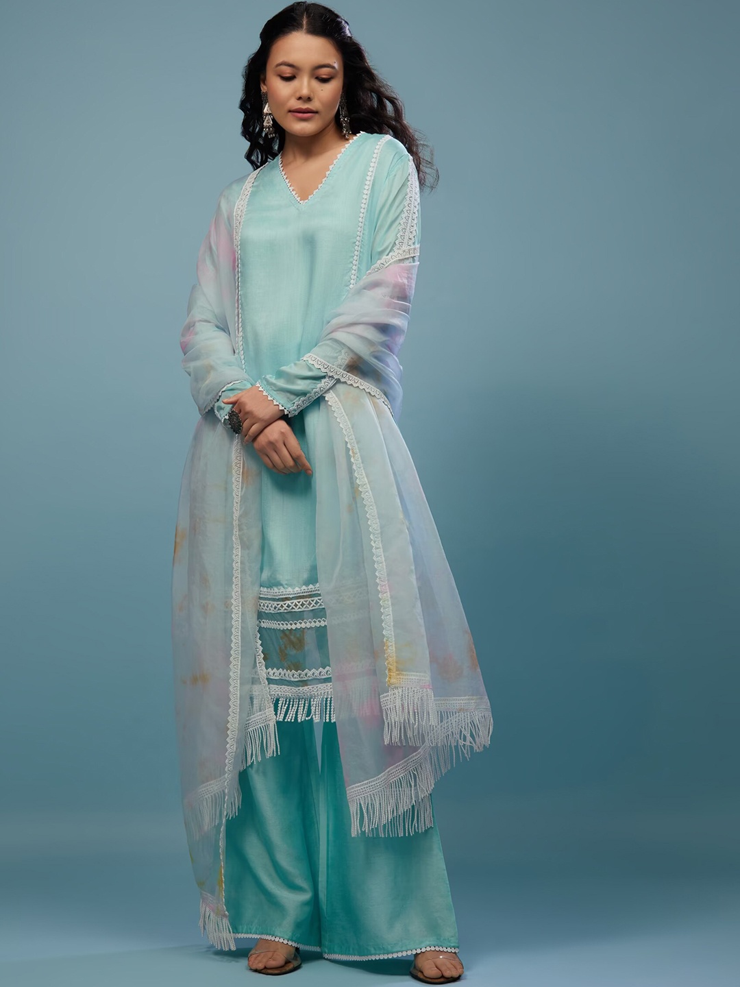 

KALKI Fashion Ethnic Motifs Embroidered Straight Kurta & Palazzos With Dupatta, Turquoise blue