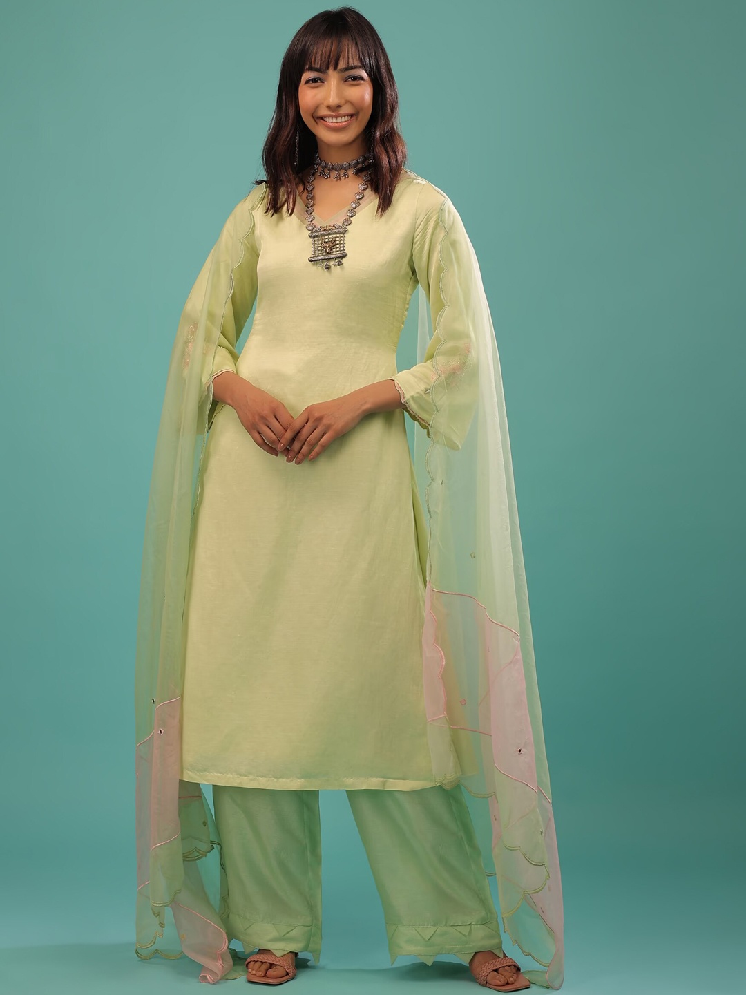 

KALKI Fashion Regular Straight Linen Top & Trousers With Dupatta, Green