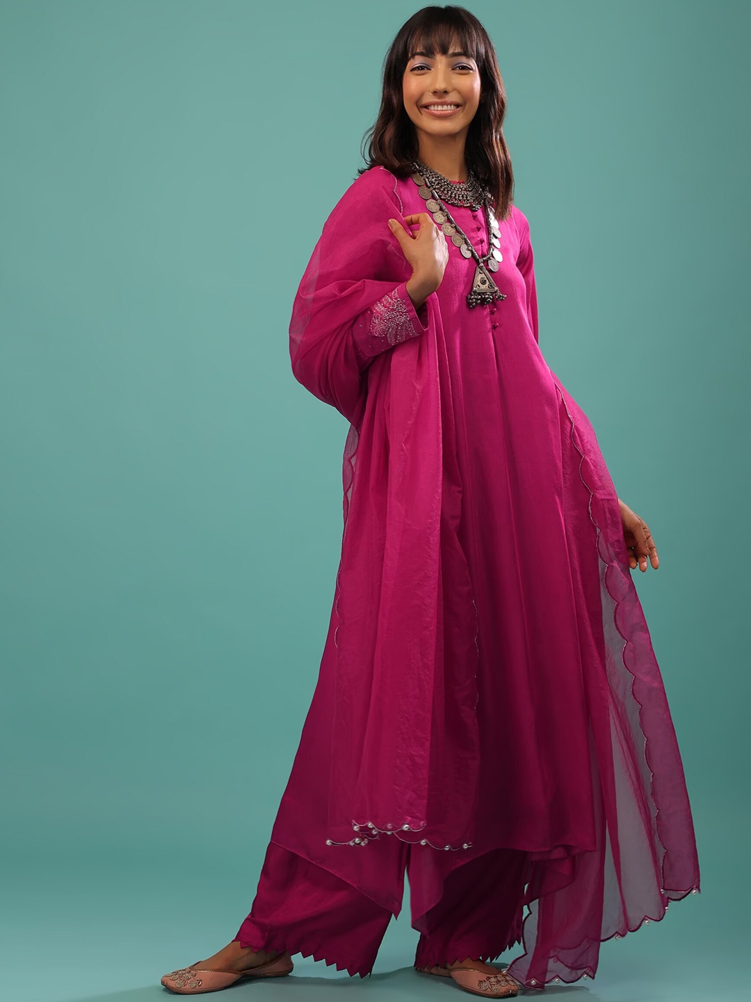 

KALKI Fashion Satin A-Line Kurta & Palazzos With Dupatta, Pink