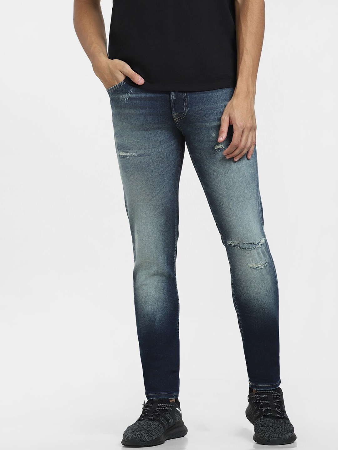 

Jack & Jones Men Slim Fit Mid Rise Slash Knee Heavy Fade Stretchable Jeans, Blue