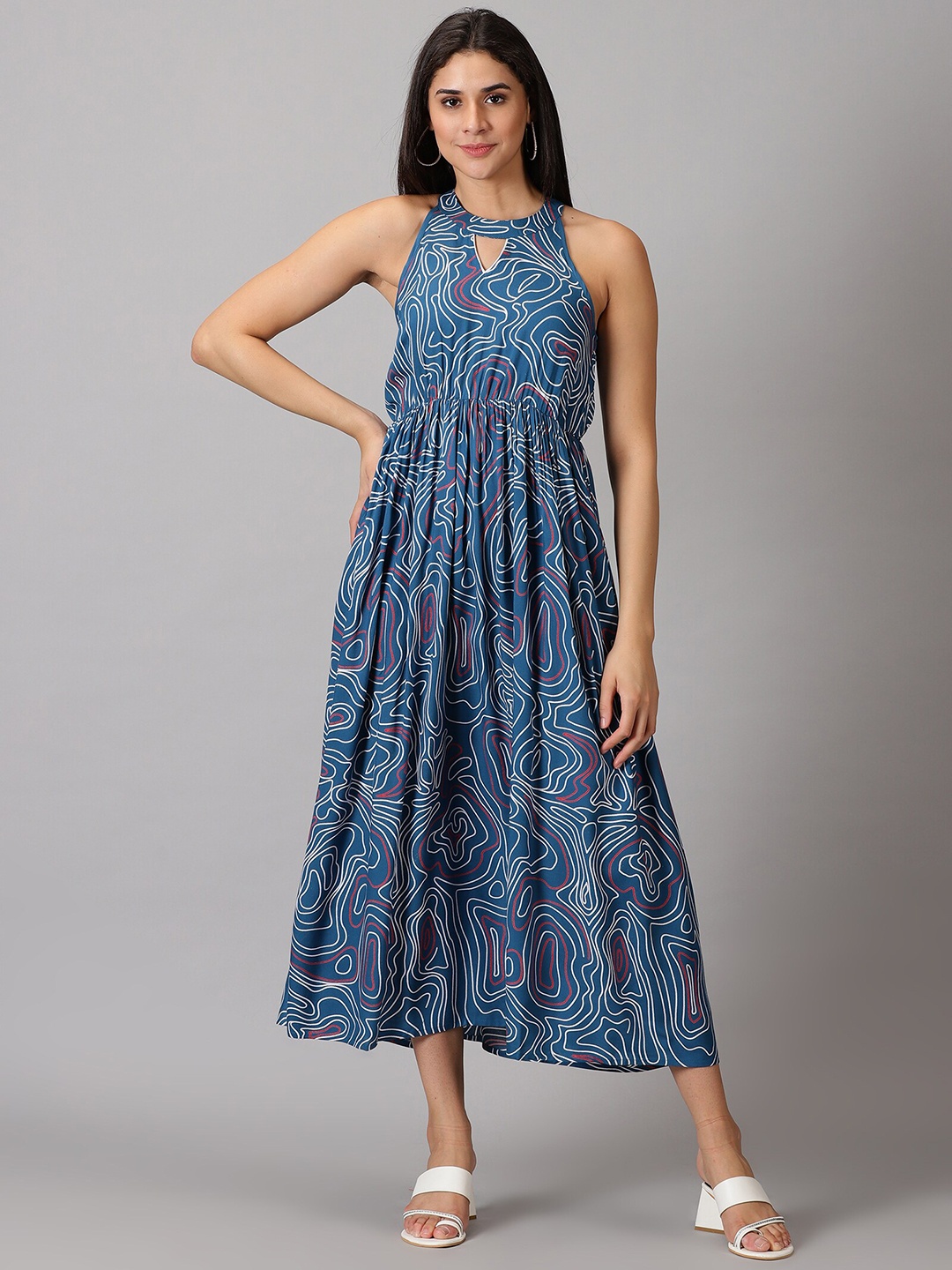 

PURSHOTTAM WALA Abstract Printed Halter Neck Maxi Midi Dress, Blue