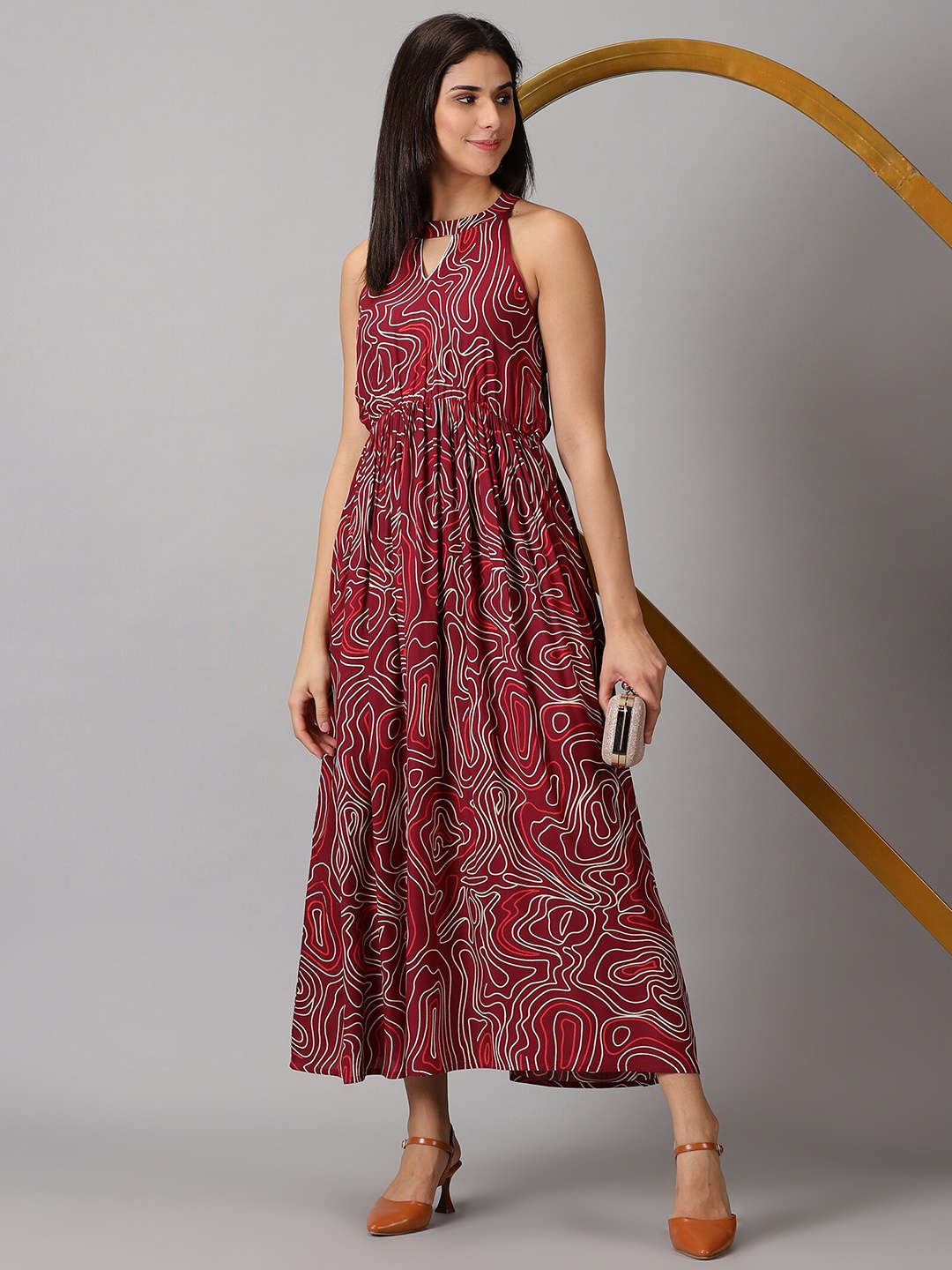 

PURSHOTTAM WALA Abstract Printed Halter Neck Maxi Midi Dress, Maroon