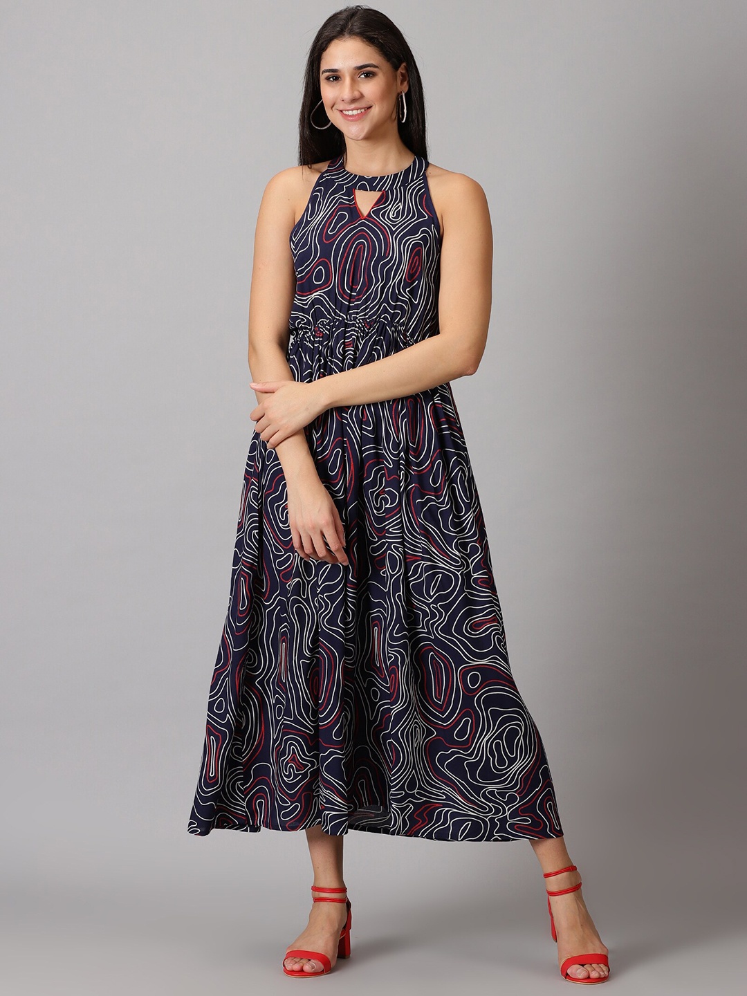 

PURSHOTTAM WALA Abstract Printed Halter Neck Maxi Midi Dress, Blue