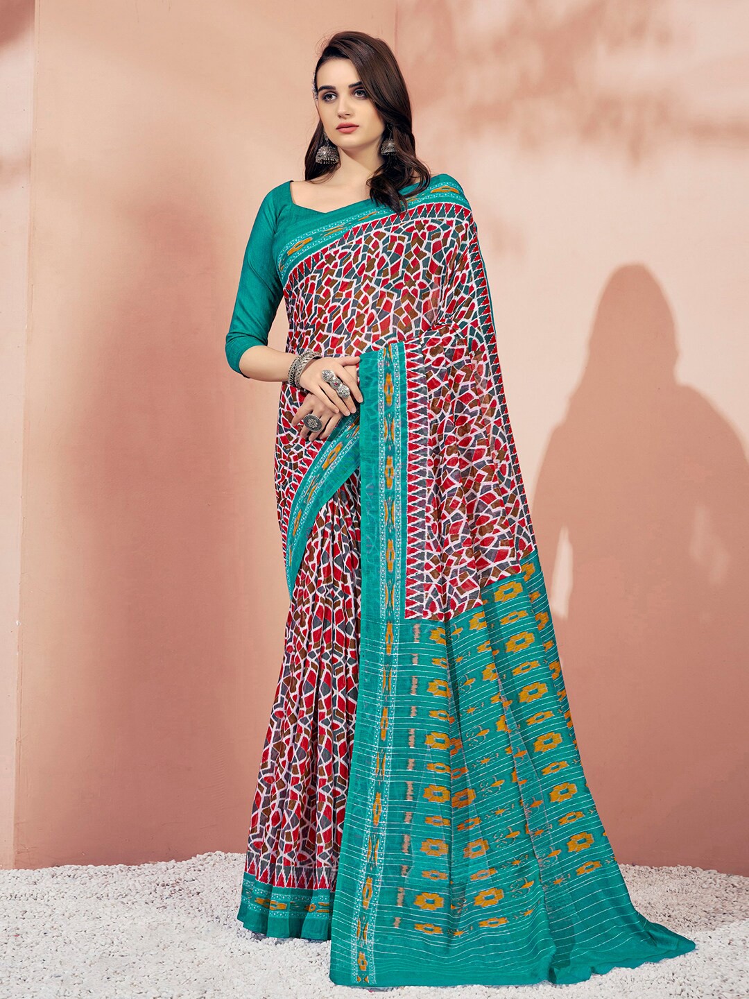 

Mitera Green & Red Geometric Printed Saree
