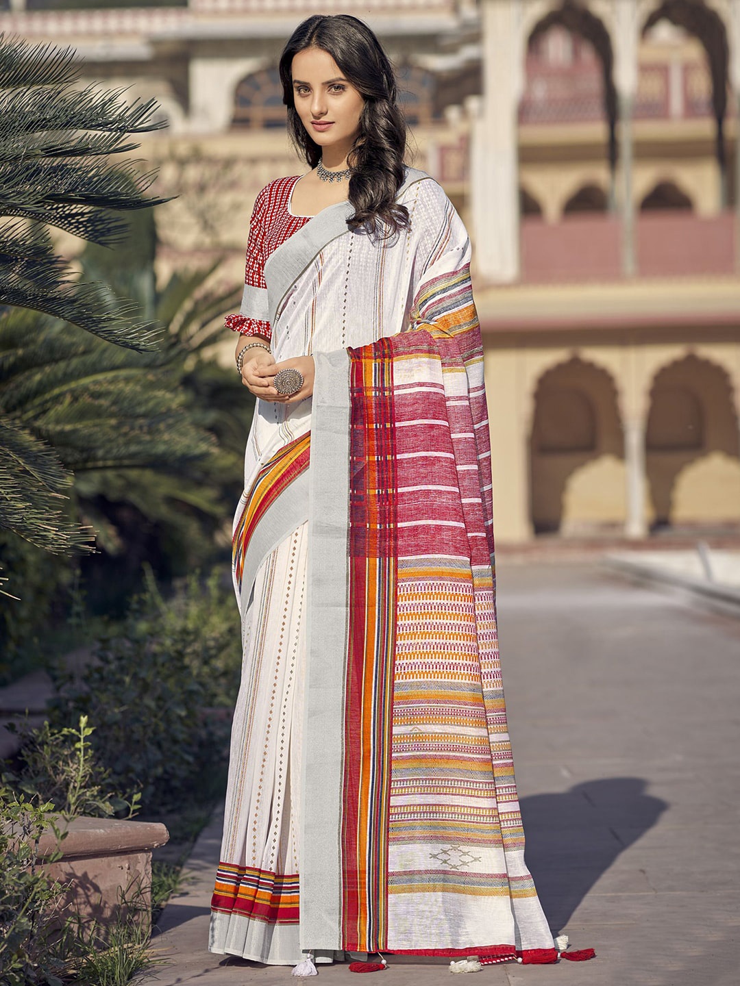 

Mitera White & Red Striped Woven Design Zari Saree