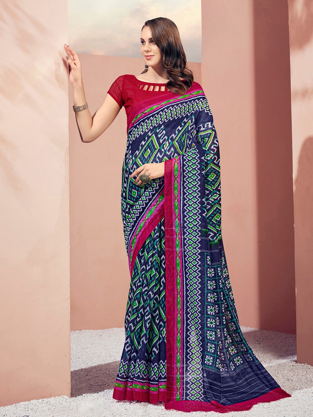 

Mitera Navy Blue & Red Ethnic Motifs Printed Saree