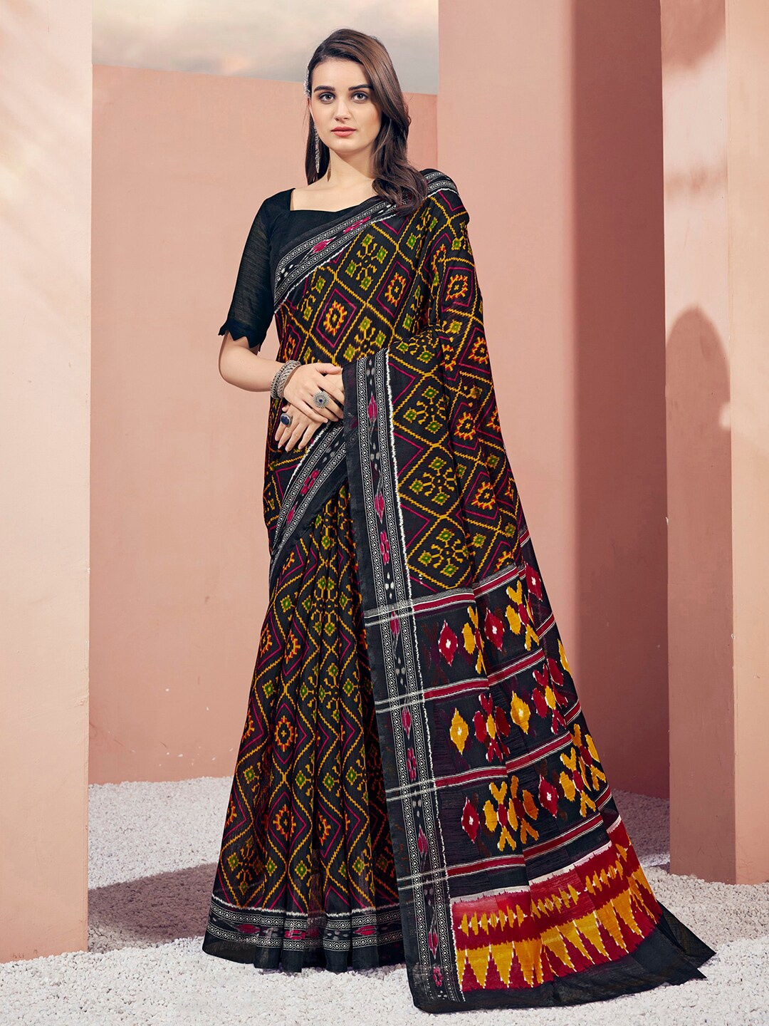 

Mitera Black & Orange Ethnic Motifs Printed Saree