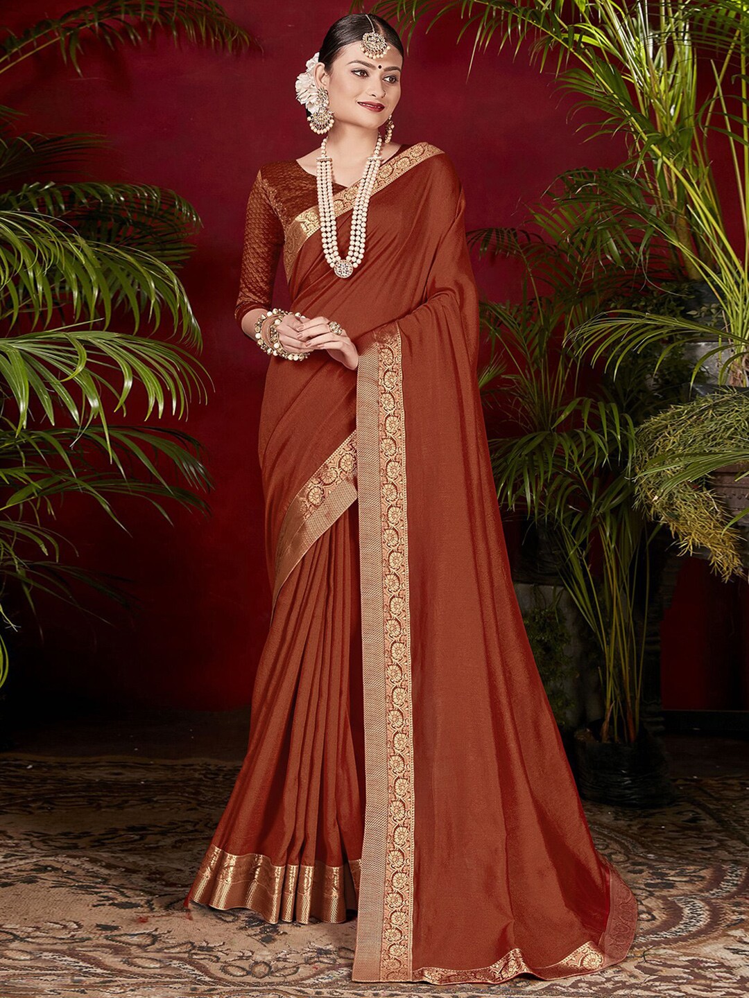 

Mitera Rust Orange & Gold-Toned Woven Design Zari Saree