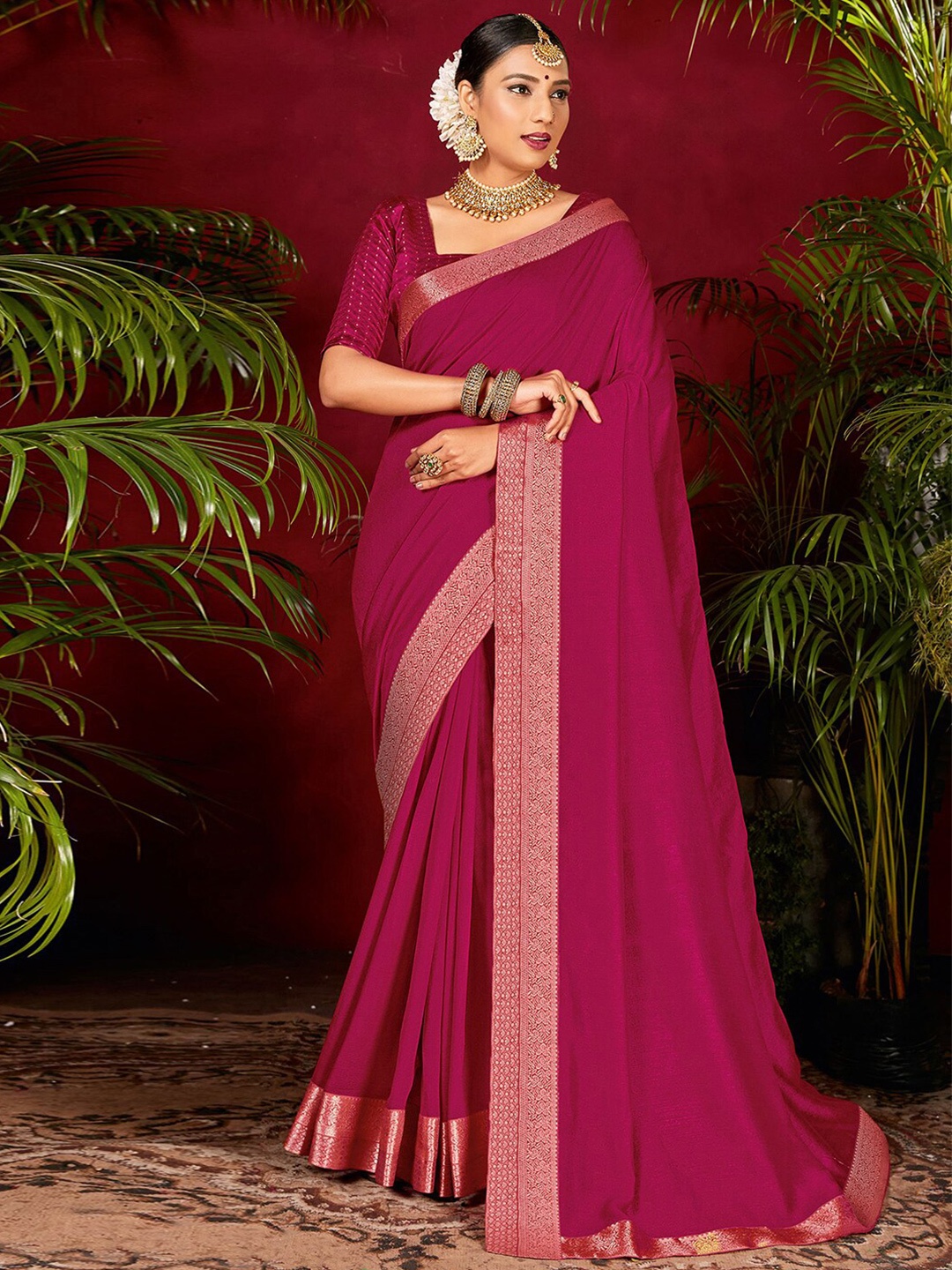 

Mitera Pink & Gold Poly Silk Saree With Woven Zari Border