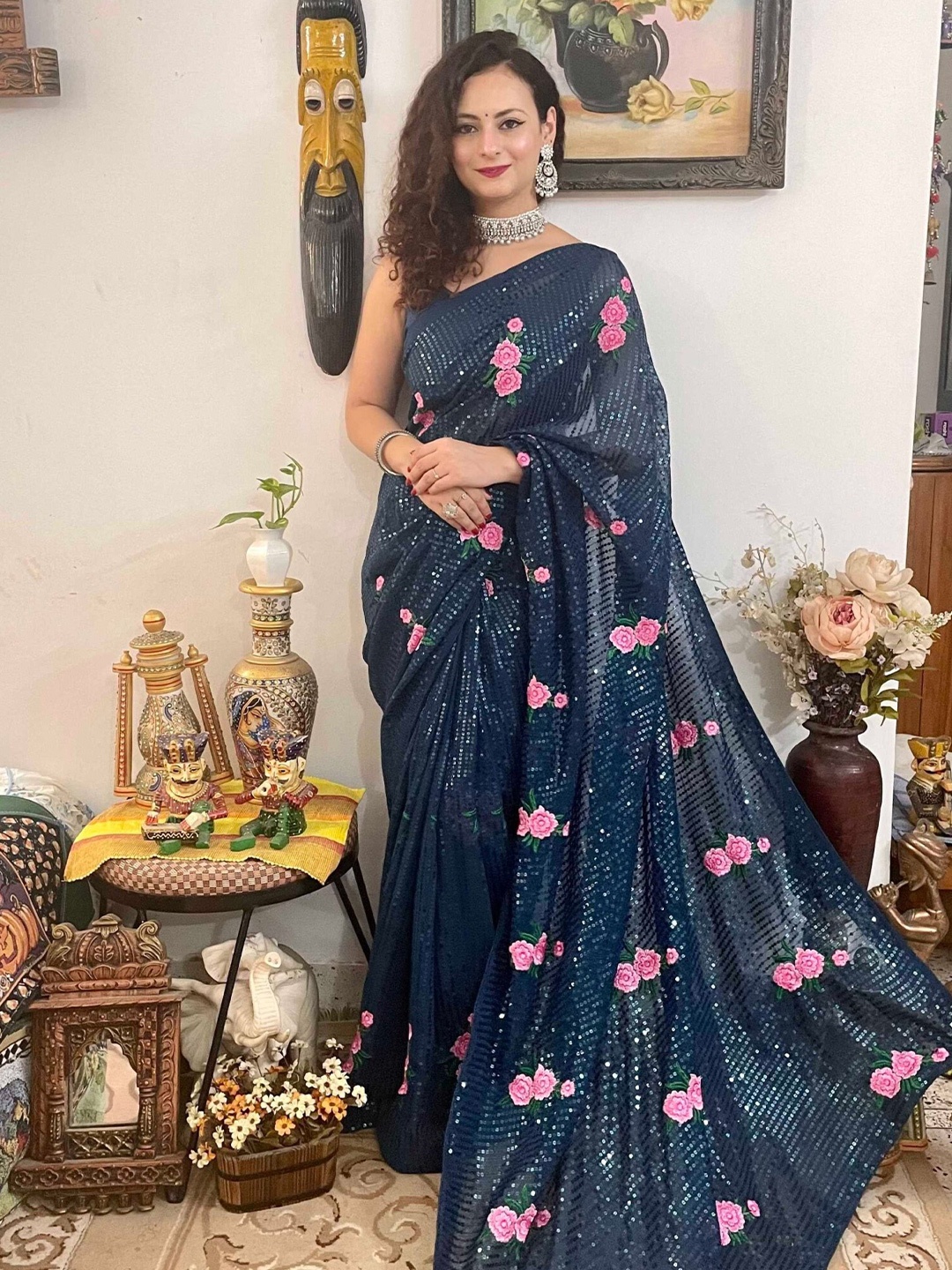 

Mitera Teal Blue & Pink Embellished Sequinned Saree