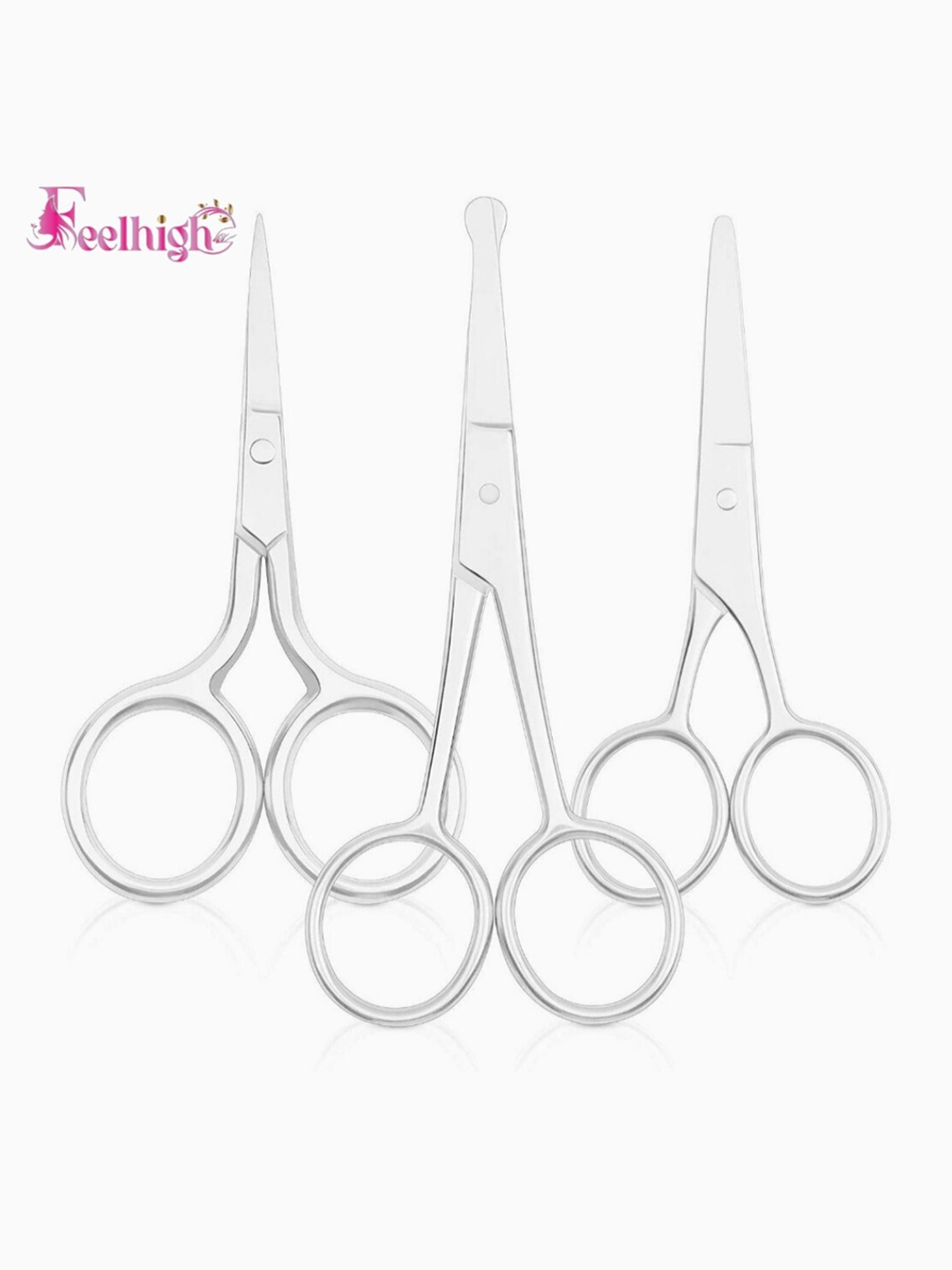 

FEELHIGH Set Of 3 Curved & Rounded Multifunctional Facial Hair Scissors, Silver
