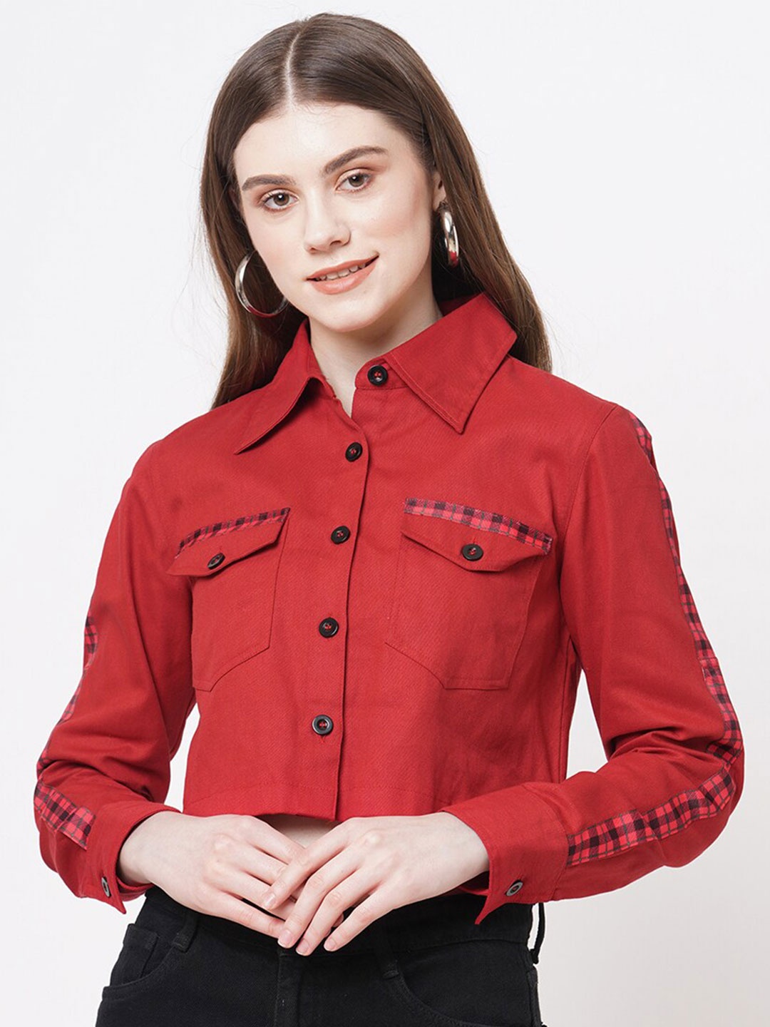 

Ashtag Classic Opaque Casual Crop Cotton Shirt, Red