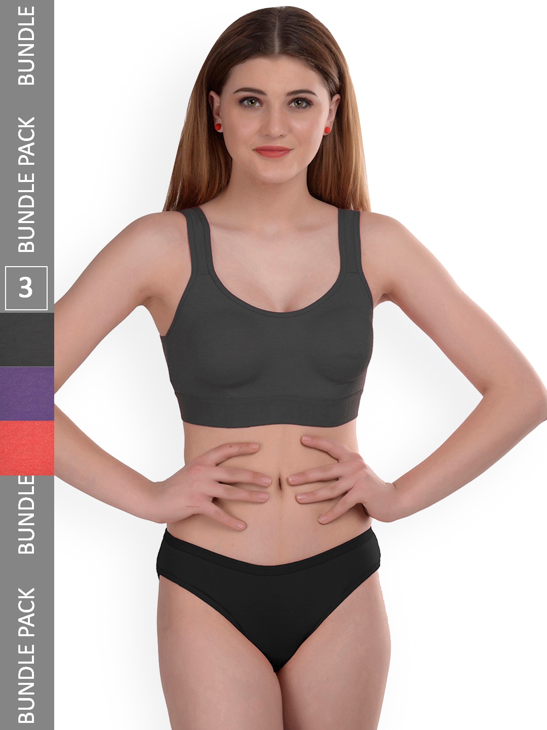 

AROUSY Pack Of 3 Non-Padded Cotton Lingerie Set Gayla Set_Orange,Purple,Grey_38
