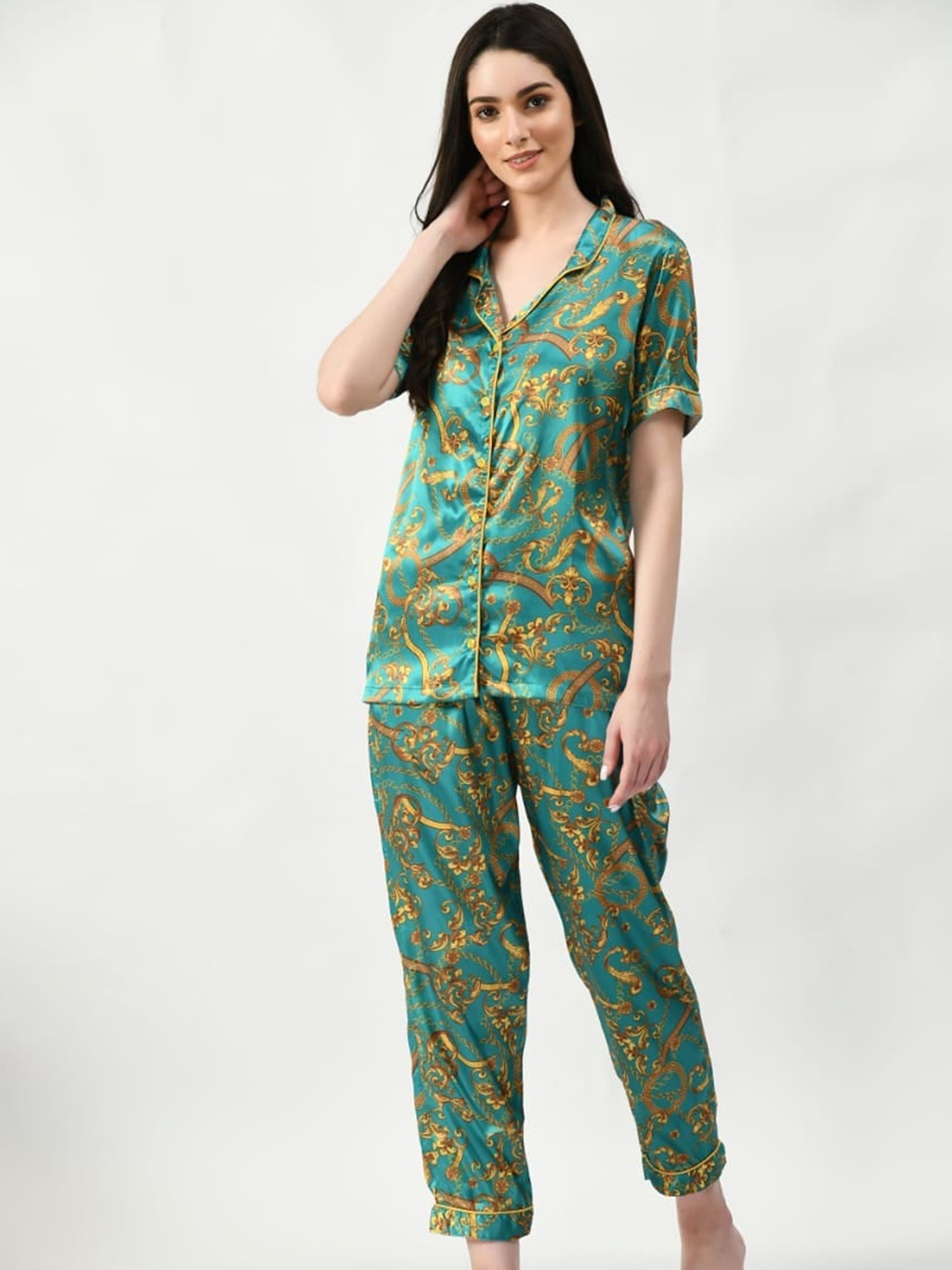 

Altiven Women Floral Printed Satin Night suit, Green