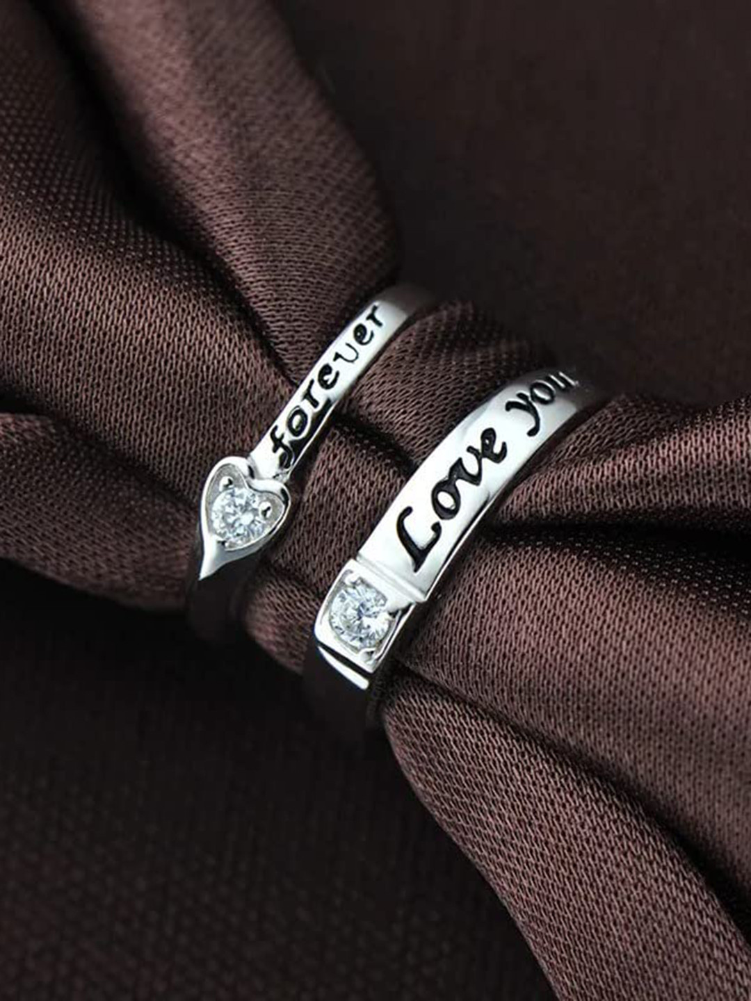 

VIEN Set Of 2 Silver -Plated & CZ-Studded Couple Band Alloy Finger Ring