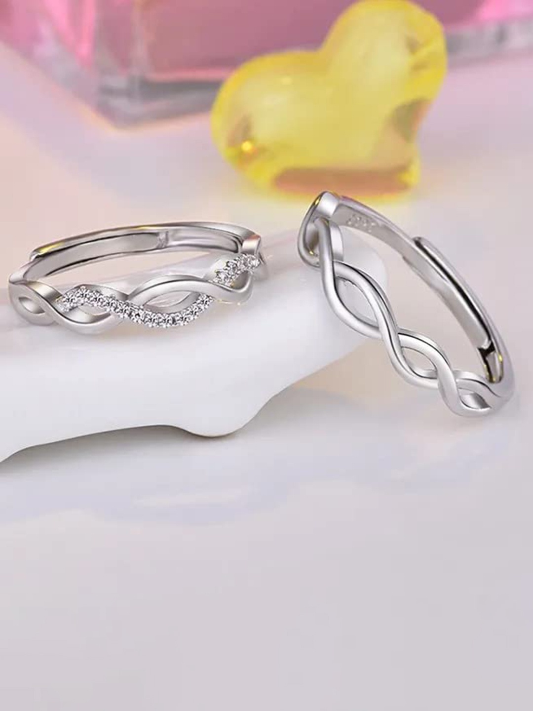 

VIEN Set of 2 Silver-Plated CZ-Studded Adjustable Alloy Couple Finger Ring
