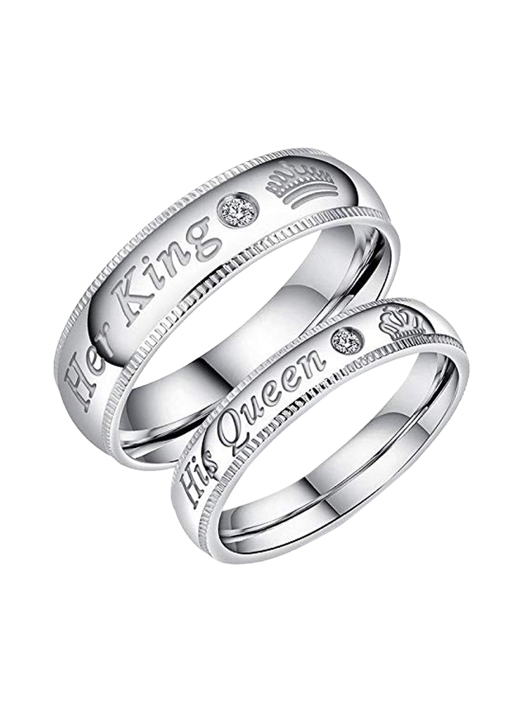 

VIEN Unisex Set Of 2 Silver-Plated CZ-Studded Couple Band Adjustable Finger Ring