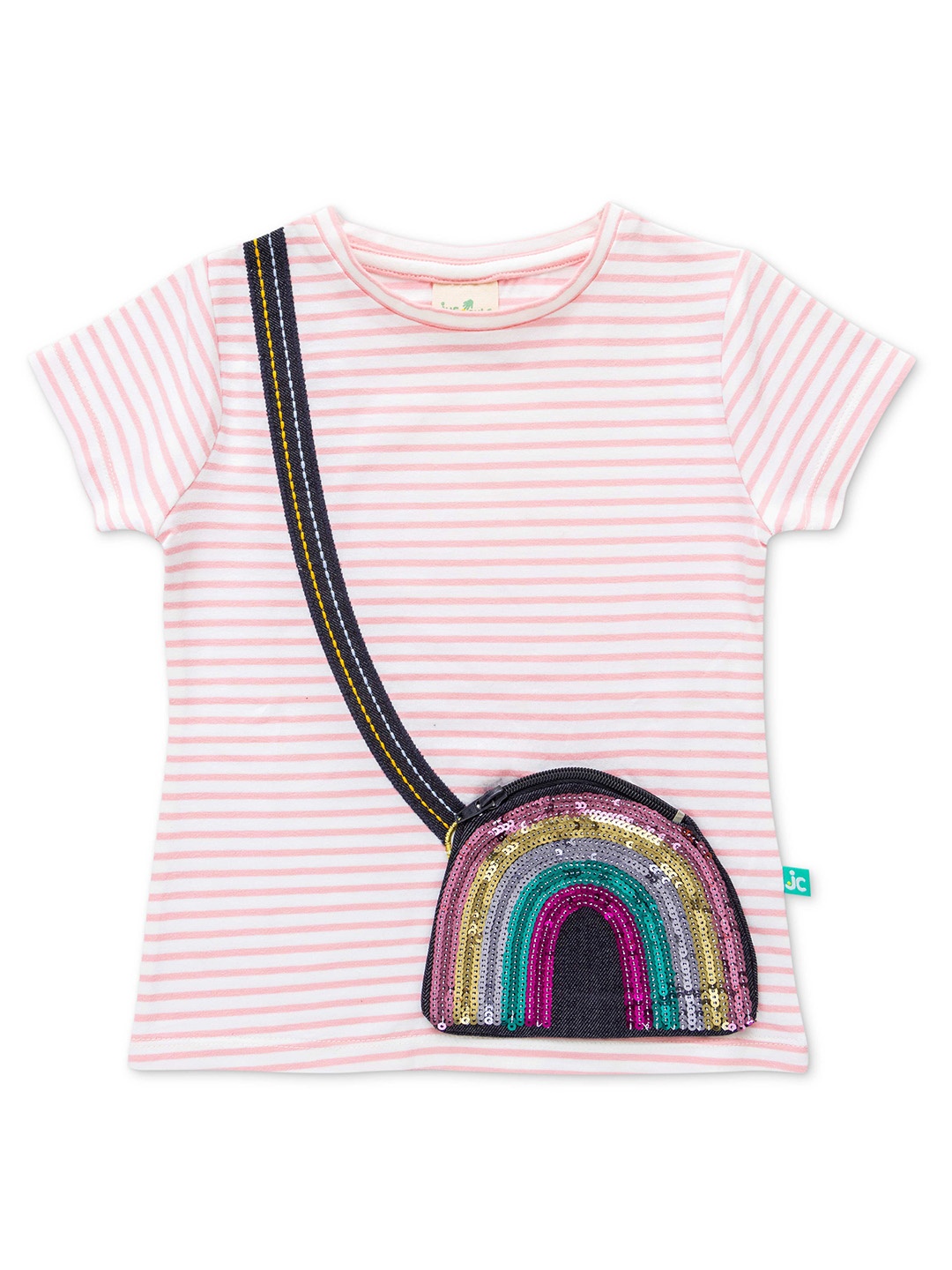 

JusCubs Girls Striped Cotton T-shirt With Embellished Pocket, Pink