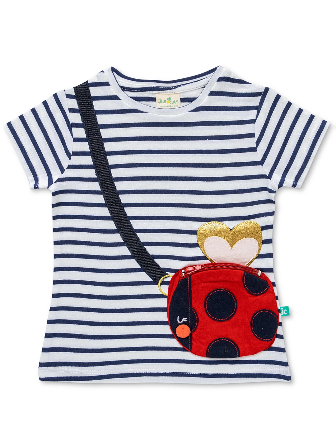 

JusCubs Girls Striped Round Neck Pocket Detail Cotton T-shirt, Blue