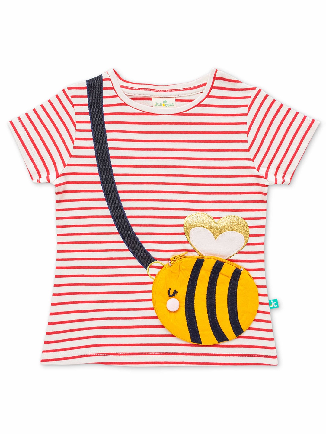 

JusCubs Girls Red Striped Round Neck Pocket Detailed Cotton T-shirt
