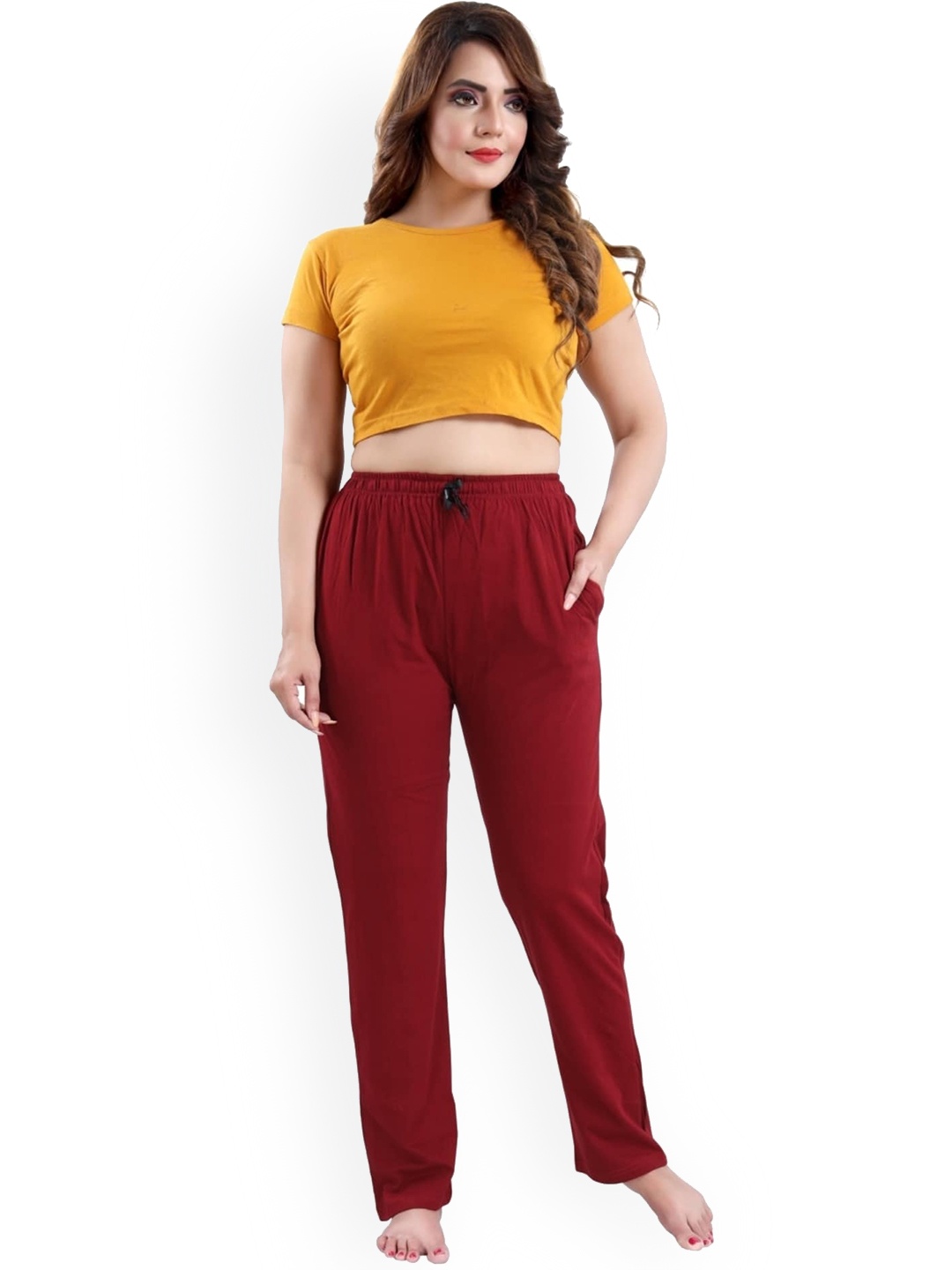 

Fabme Women Pure Cotton Knitted Lounge Pants, Maroon
